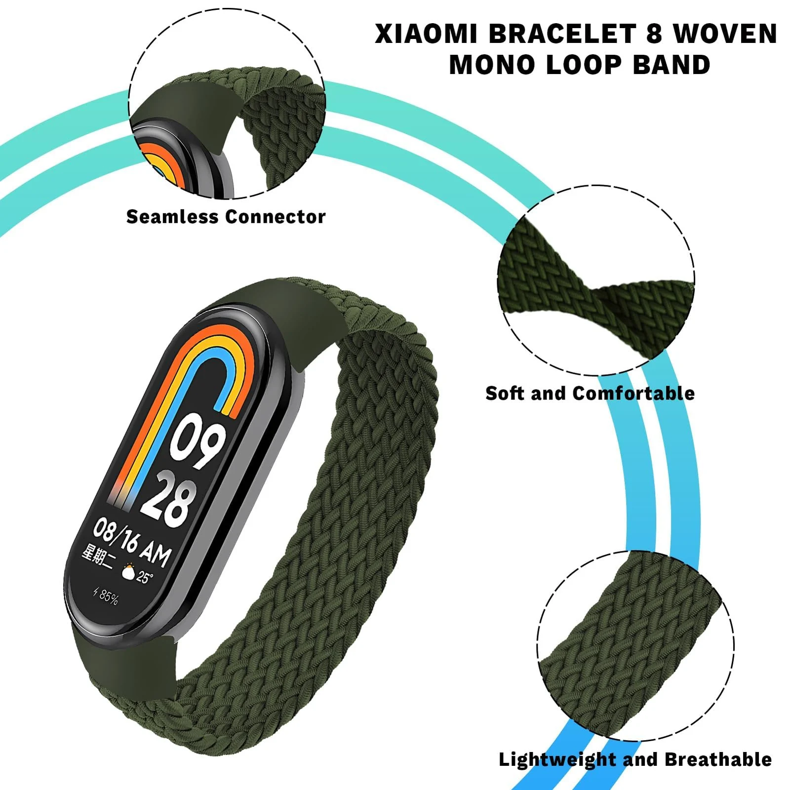 DL3 Mobilak Braided Solo Loop Band for Xiaomi Mi Band 9/Xiaomi Mi Band 8 Strap Women Men, Soft Elastic Nylon Replacement Wristband for Xiaomi Smart Band 9/8 Strap - Green