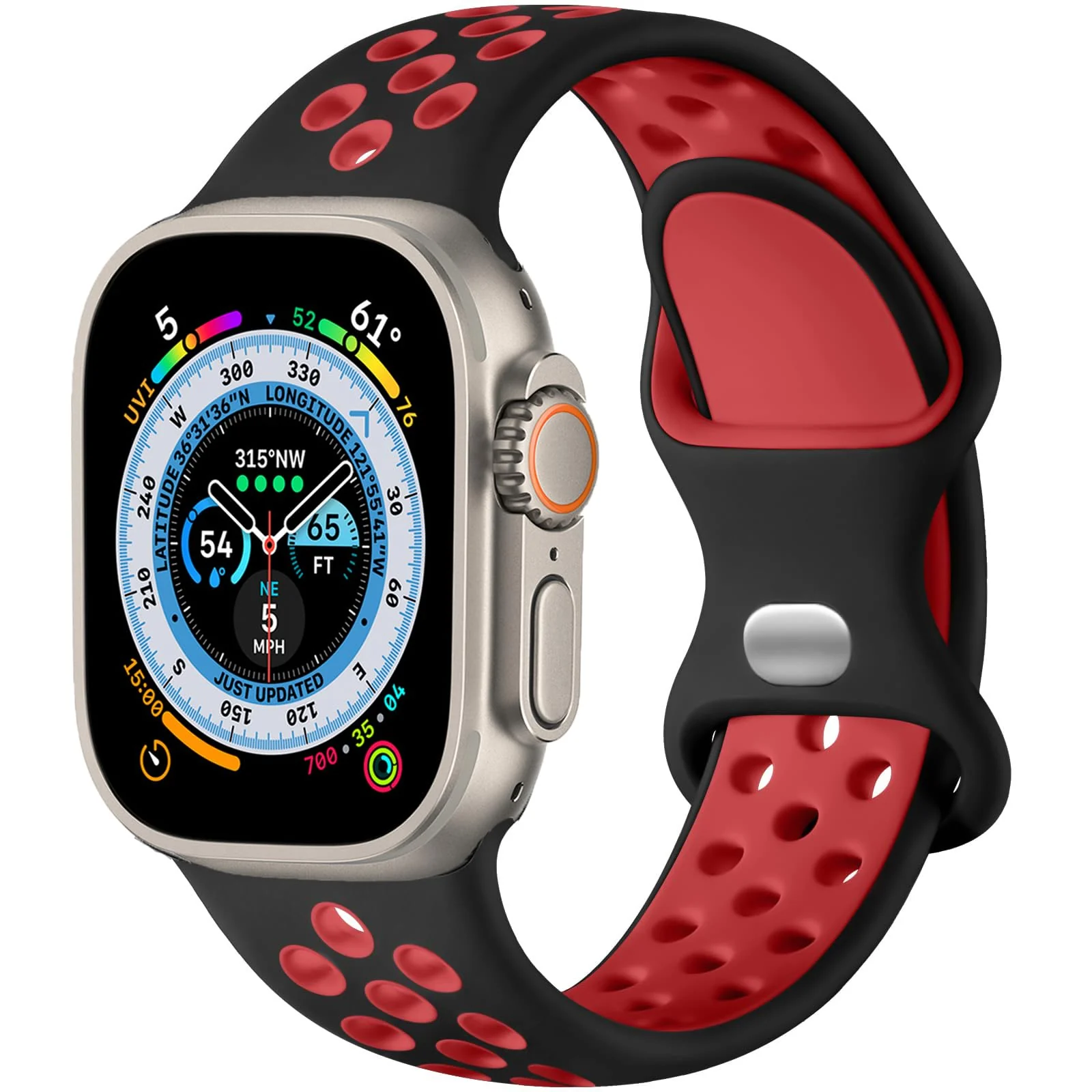 DL3 Mobilak Sport Strap For Apple Watch 49mm 45mm 44mm 42mm 41mm 40mm 38mm, Breathable Silicone Double Hole Band, for iWatch Ultra 2 Series 9 8 7 6 5 4 3 SE (&, 42mm/44mm/45mm/49mm) - Black & Red