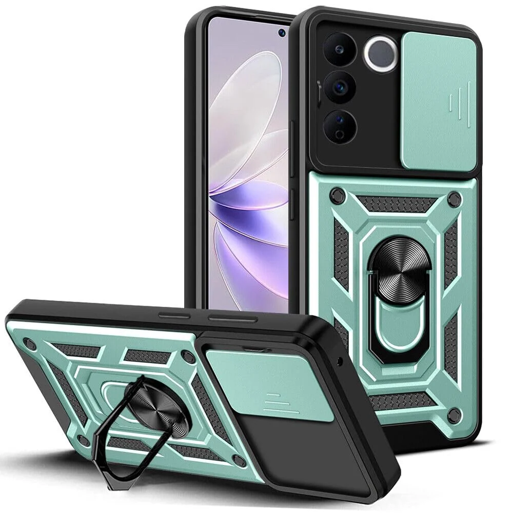 DL3 Mobilak Military-Grade Protective Case with Sliding Camera Cover, Metal Ring Kickstand and Magnetic Car-Mount Support for vivo V27e / vivo S16e - Green