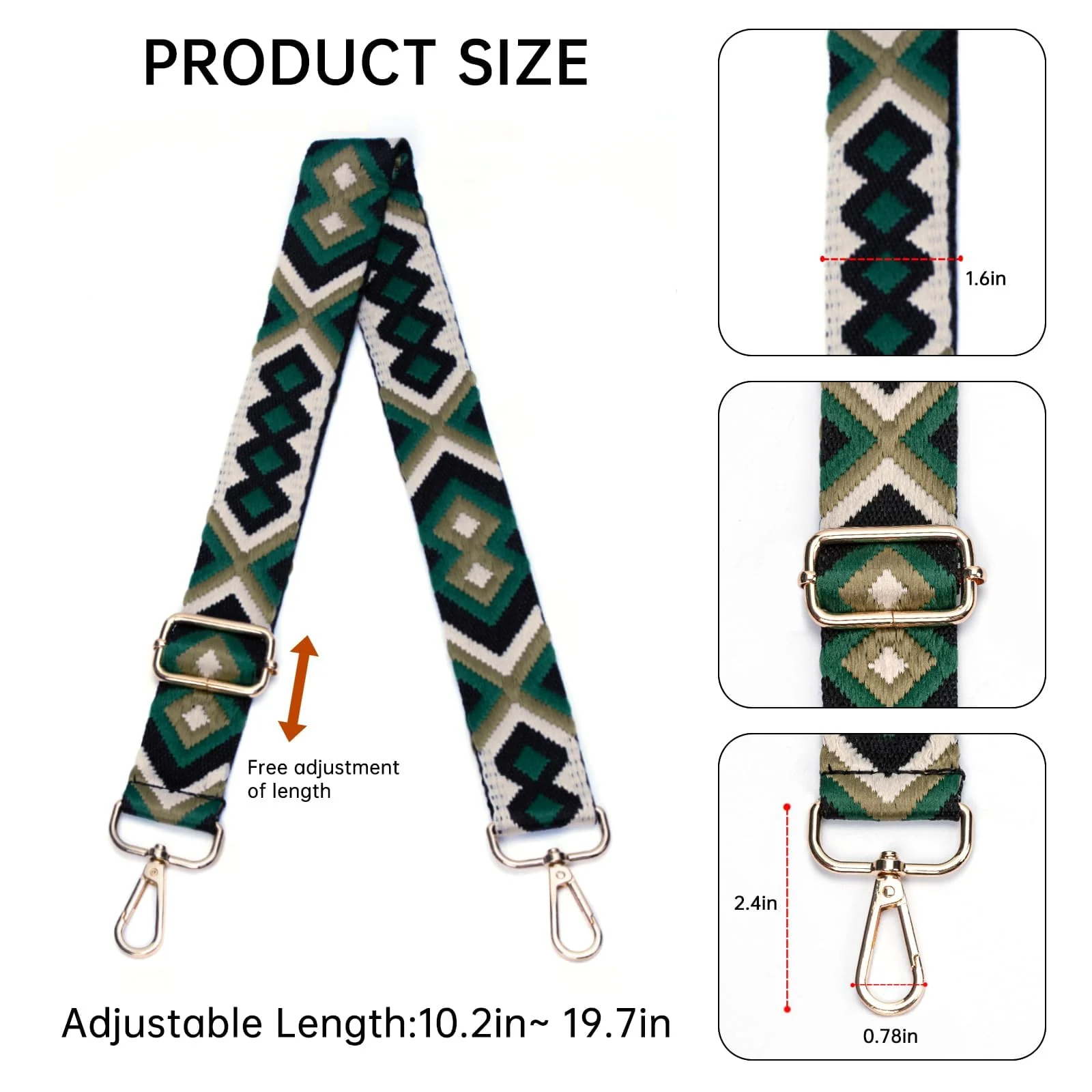 DL3 Mobilak Adjustable Wide Crossbody Bag Strap for Women, Replacement Shoulder Strap for Handbags, Totes & Purses with Elegant Embroidered Pattern and Metal Hooks - Green/Black