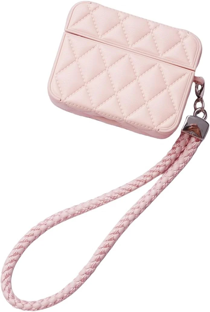 MOBIGON Diamond-Quilted PU Leather Case with Lanyard for Apple AirPods 3 (2021), Pink