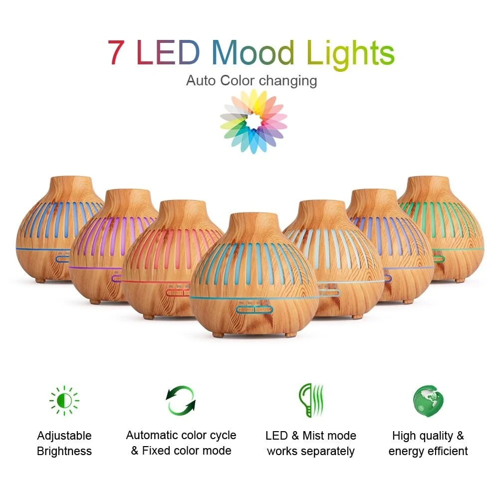 Mobigon Essential Oil Diffuser, Aromatherapy Diffuser 500ml with Remote Control, 4 Timer & Auto-Off Safety Switch, 7 Color LED Lights Mode, 10 Hours Quiet Humidifier for Bedroom - G.Light Brown