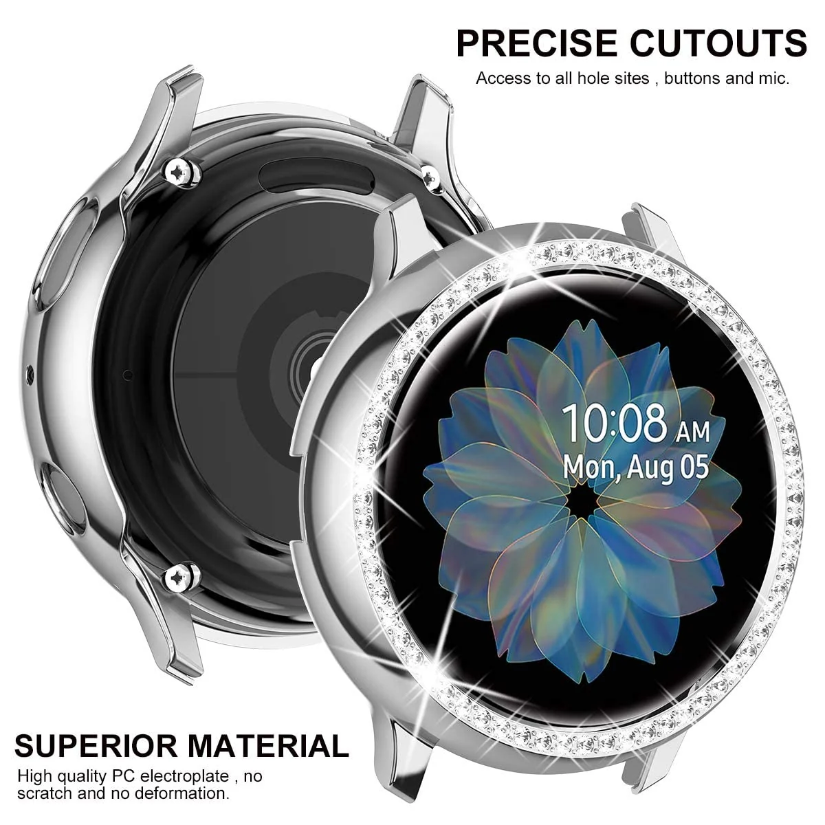 DL3 Mobilak Bumper Diamond Case Compatible with Samsung Galaxy Watch Active 2 44mm, Bling Crystal Diamonds PC Plastic Protector Case Cover Frame For Galaxy Watch Active2 44 mm - Silver