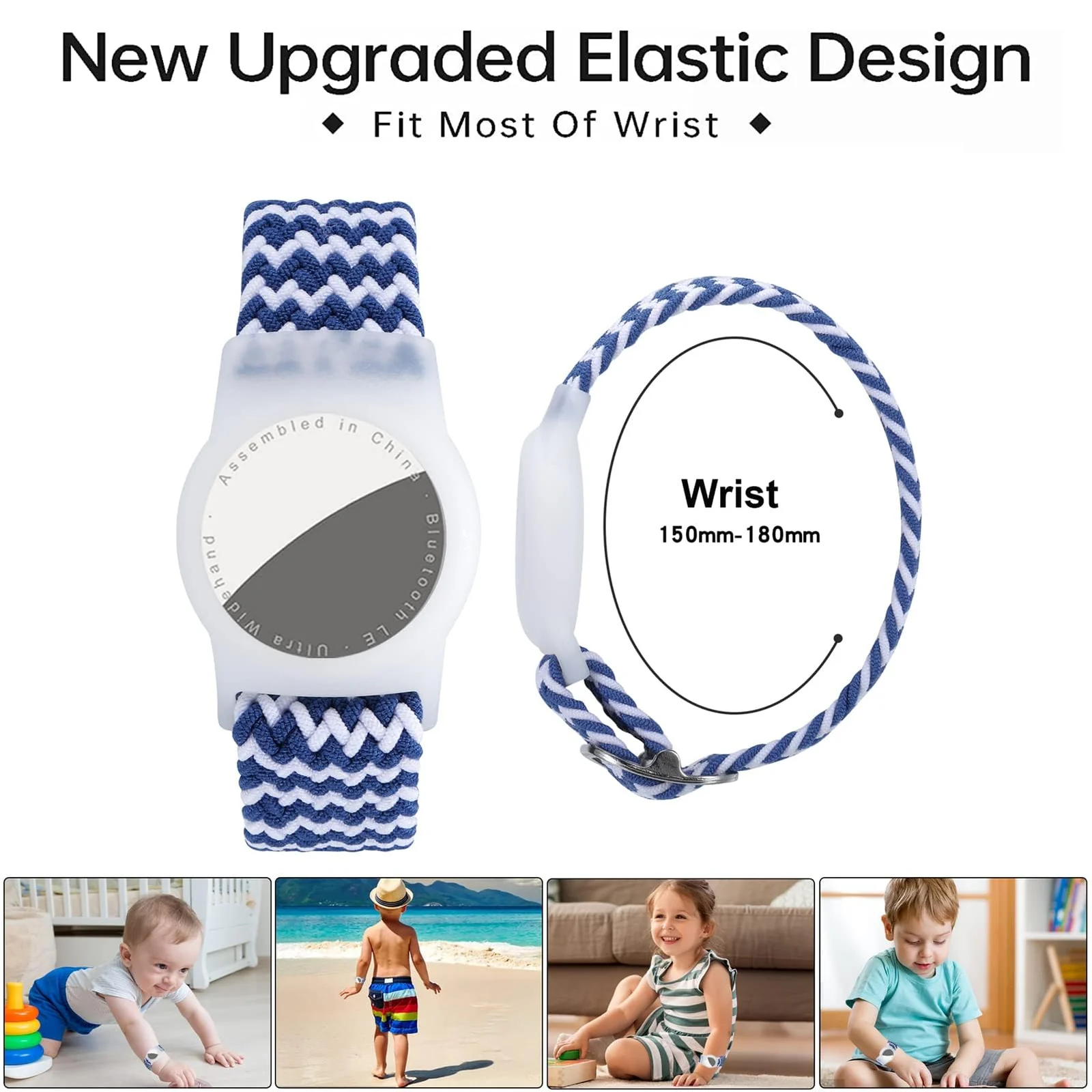 DL3 Mobilak Bracelet for Kids Compatible with AirTag, Nylon Stretch Braided Air Tag Wristband, Protective Case for Airtag GPS Tracker Holder, Adjustable Elastic Watch Strap for Toddler Child Elde - Blue Wave