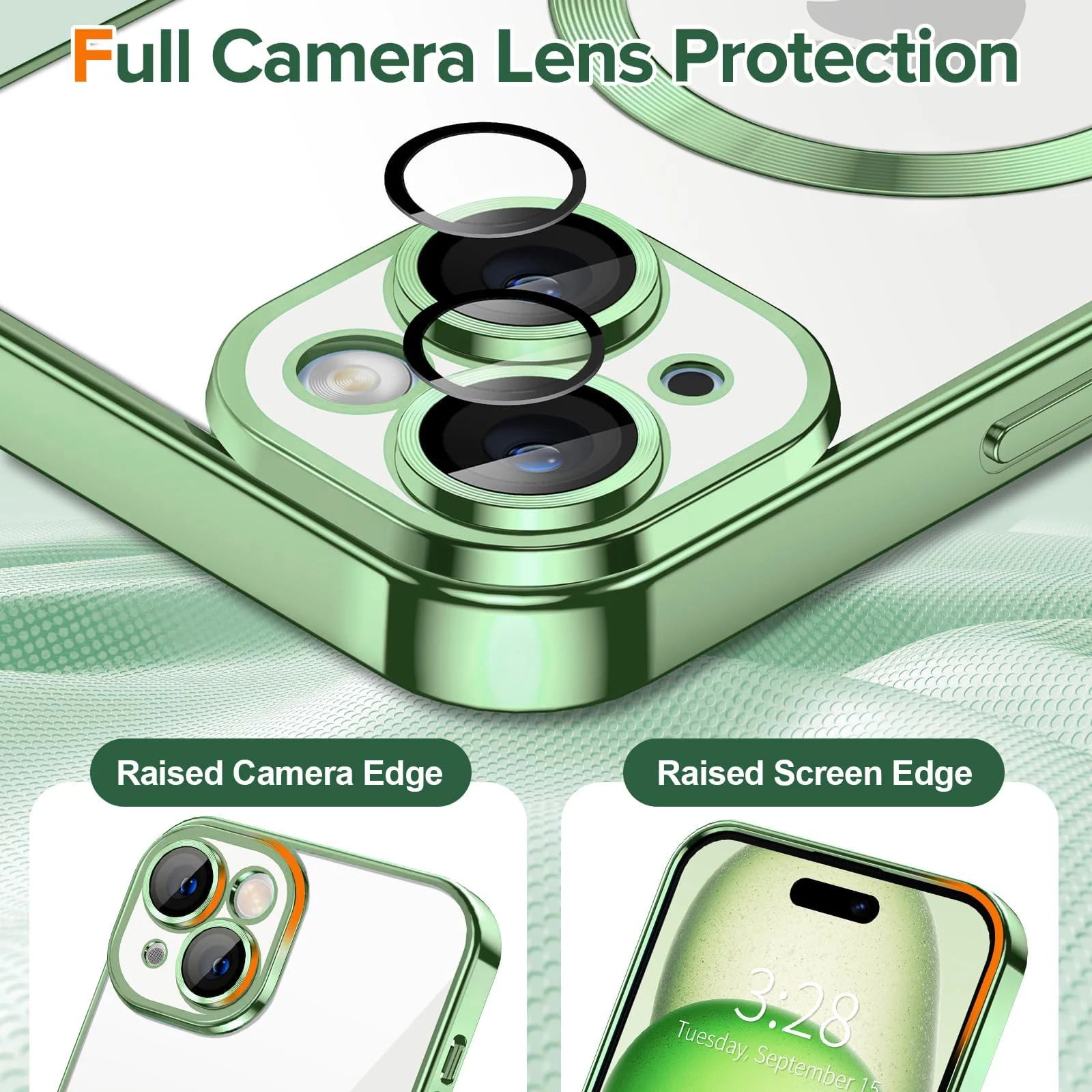 DL3 Mobilak Case for iPhone 13 (6.1 Inch) Compatible with MagSafe with Camera Lens Protector, Magnetic Clear Case Full Protection Plating Anti-Scratch Slim Thin Case Cover - Light Green