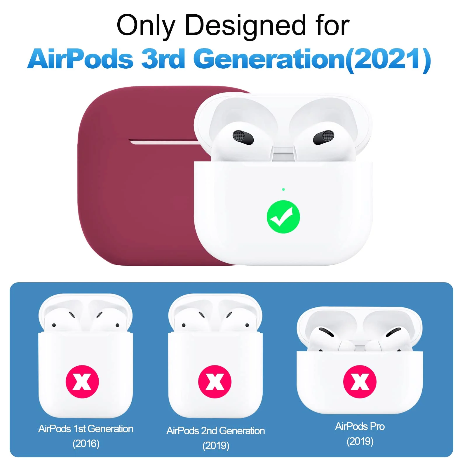 DL3 Mobilak Case Compatible with AirPods 3, Silicone Protective Accessories Skin with Keychain Compatible with AirPods 3rd Generation 2021 for Women Girl, Front LED Visible - Burgundy