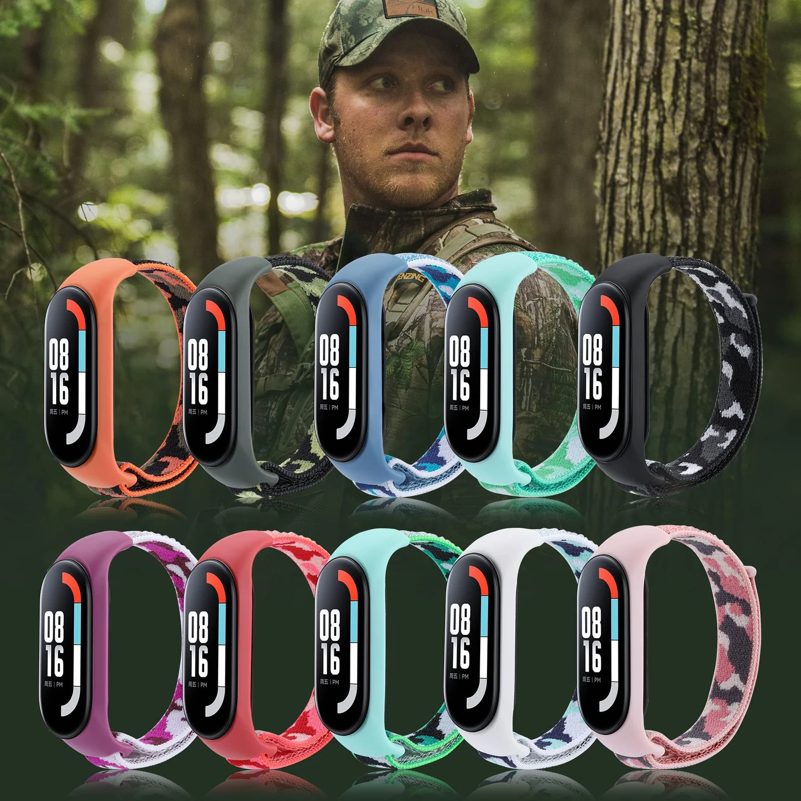 DL3 Mobilak Nylon Band for Xiaomi Mi Band 7/Mi Band 6/Mi Band 5/Mi Band 4/Mi Band 3, Bracelet Nylon Watch Strap Adjustable Sport Replacement Strap for Men Women - Camouflage Mint