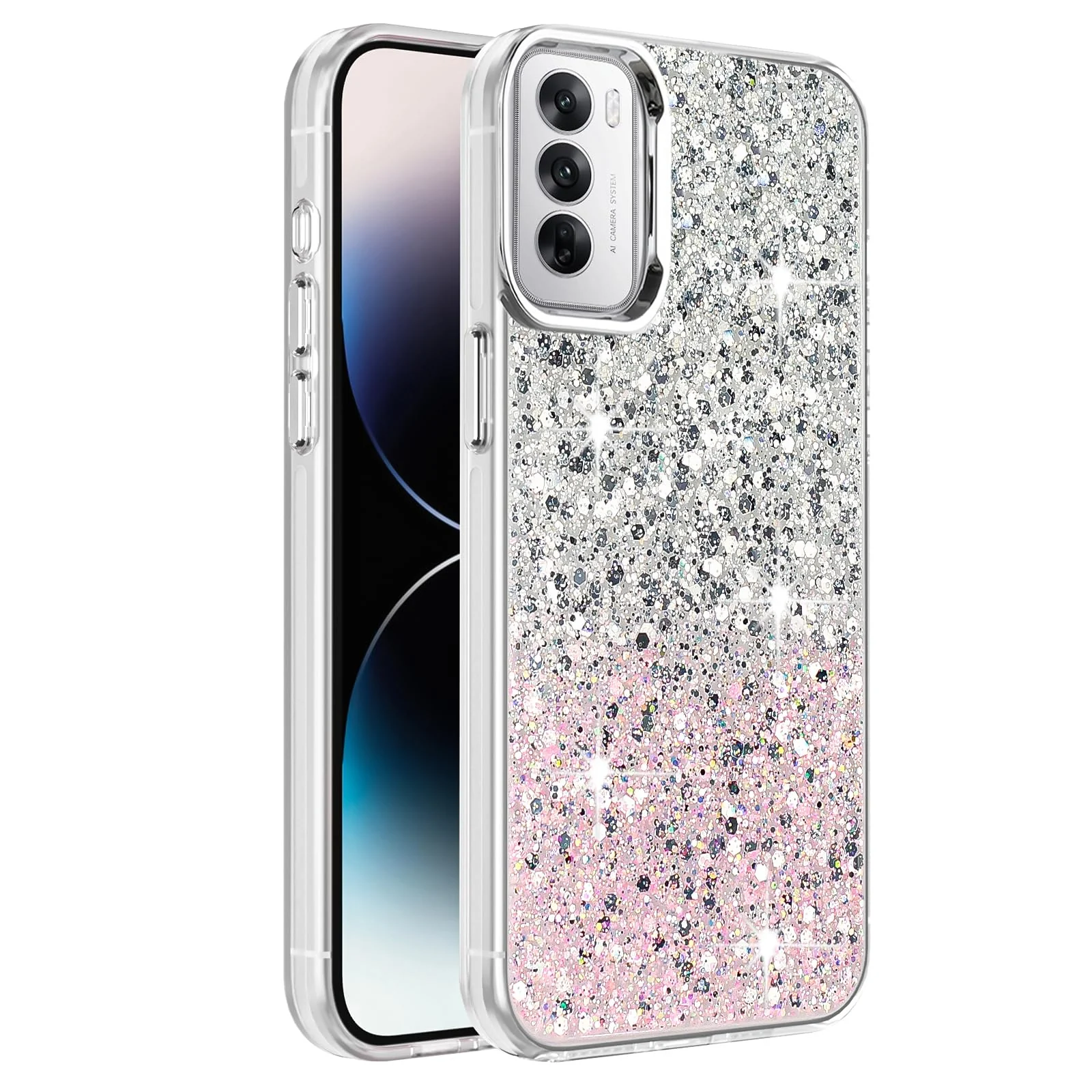 DL3 Mobilak Glitter Rhinestone Protective Case for OPPO Reno 12 5G with Shockproof Design - White Pink