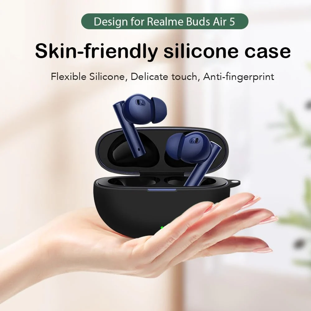 DL3 Mobilak Silicone Cover Case Compatible with realme Buds Air 5 Portable Protective Case Cover With Keychain - Black