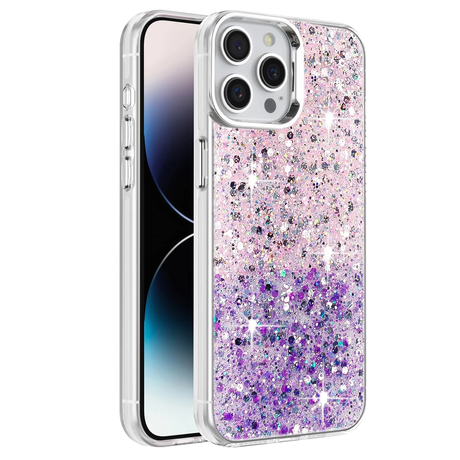 DL3 Mobilak Glitter Rhinestone Protective Case for iPhone 14 Pro (6.1 Inch) with Shockproof Design - Pink Purple