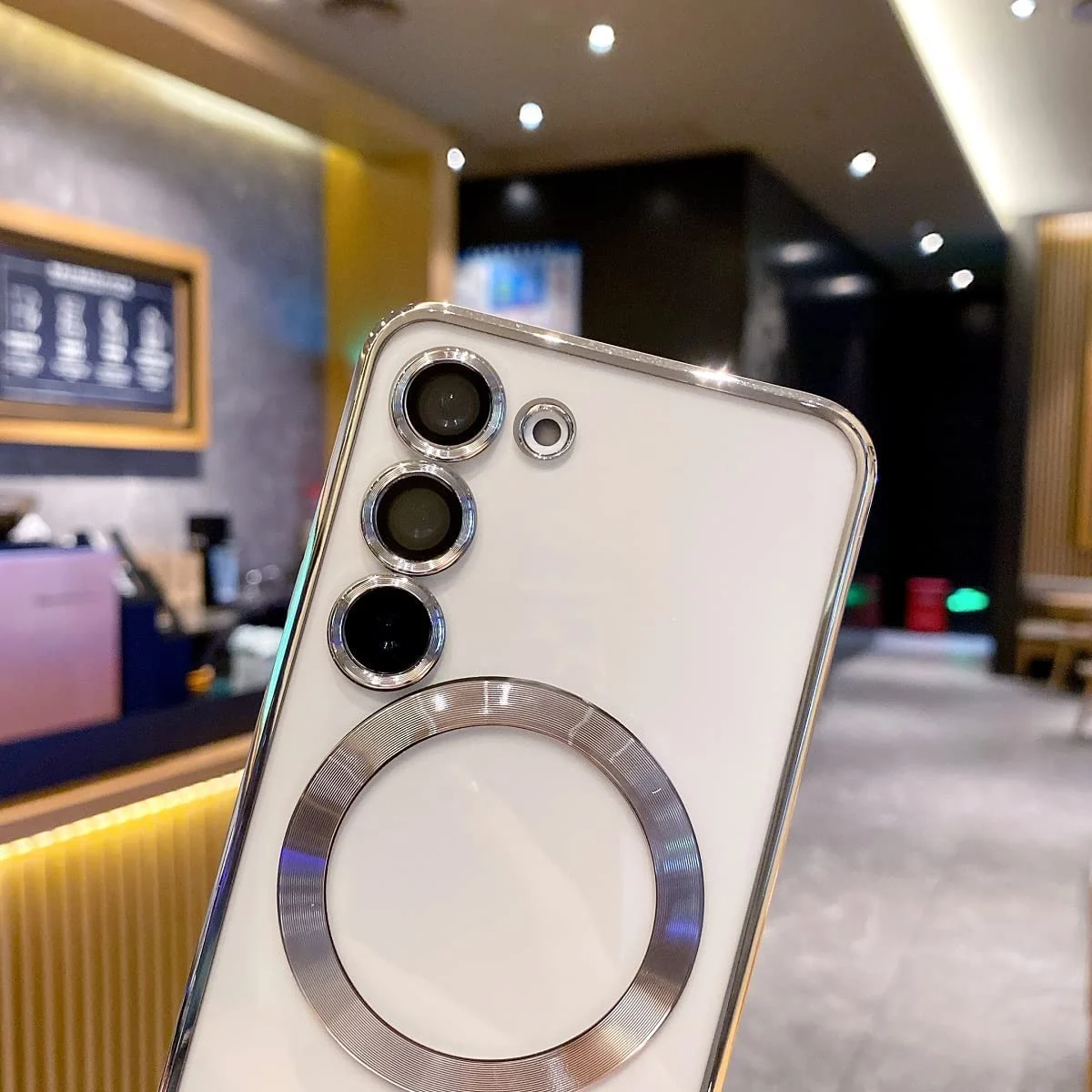DL3 Mobilak Case for Samsung Galaxy S23 Compatible with MagSafe with Camera Lens Protector, Magnetic Clear Case Slim Plated Protective Case - Silver