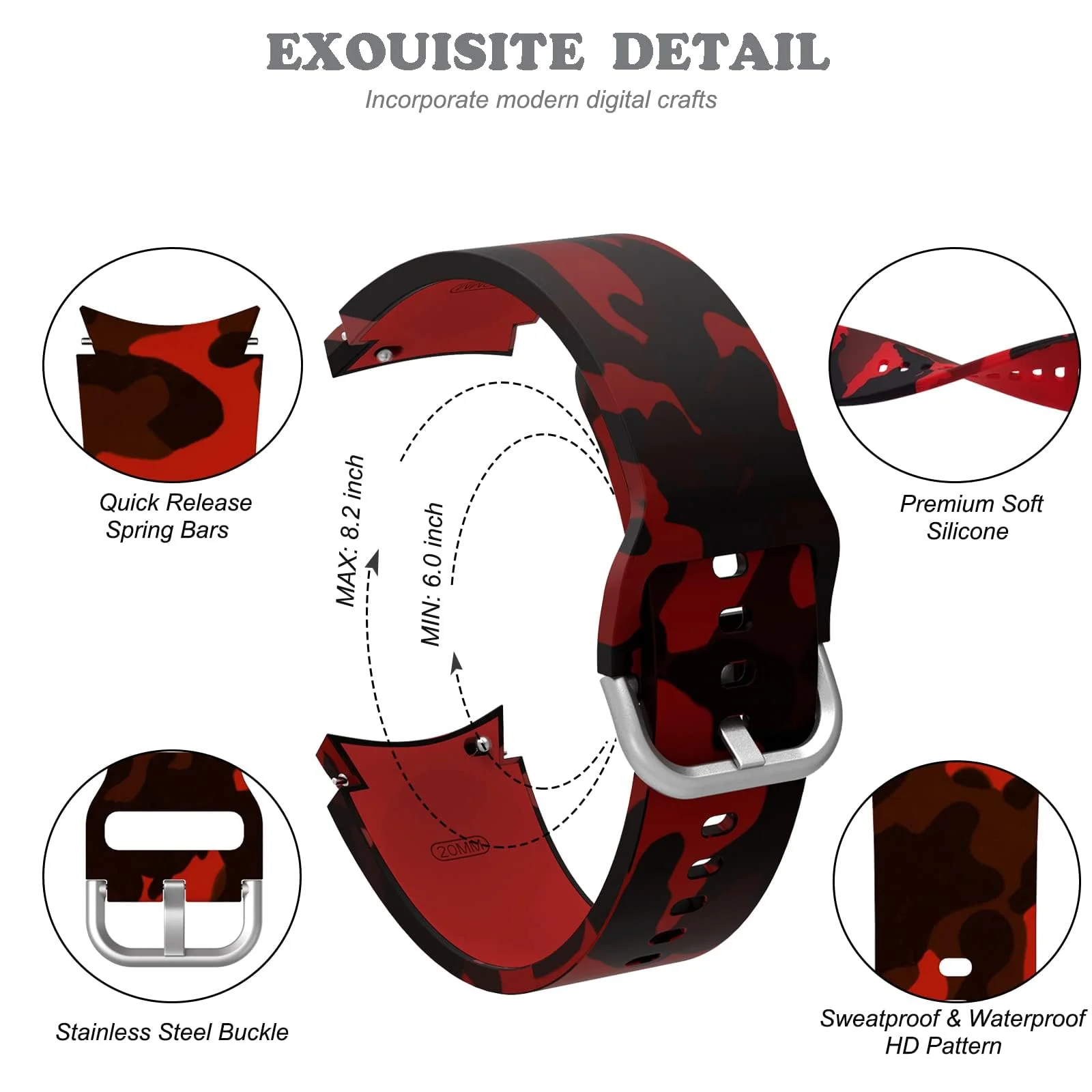 DL3 Mobilak No Gap Bands Compatible with Samsung Galaxy Watch 7 5 4 6 44mm 40mm/Watch5 Pro Band 45mm/Galaxy Watch 4 Classic 46mm 42mm Strap,20mm Quick Release Sport Replacement Strap - Camouflage Red