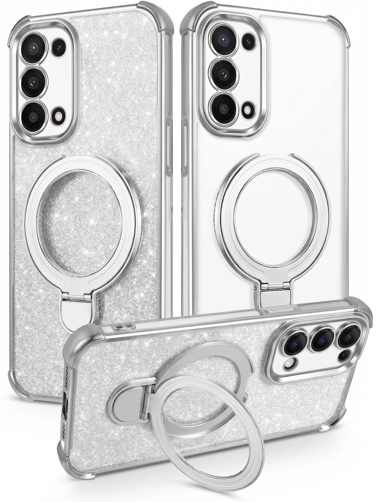 Mobigon Glitter Phone Case Compatible with OPPO Reno 5, Magnetic Ring Stand Shockproof Cover, Clear Soft TPU Bumper with Full Camera Protection - Silver