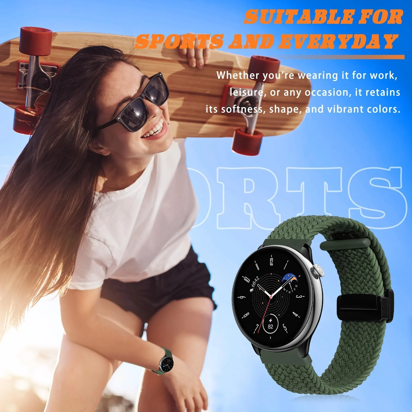 DL3 Mobilak 20mm Magnetic Band for Samsung Galaxy Watch 7/6/5/4/FE Band 40mm 44mm/Galaxy Watch 6/4 Classic Bands 47mm 43mm 46mm 42mm/Watch 5 pro 45mm/3 41mm/Active 2, Stretchy Braided Nylon Magnetic Sport Strap - Green