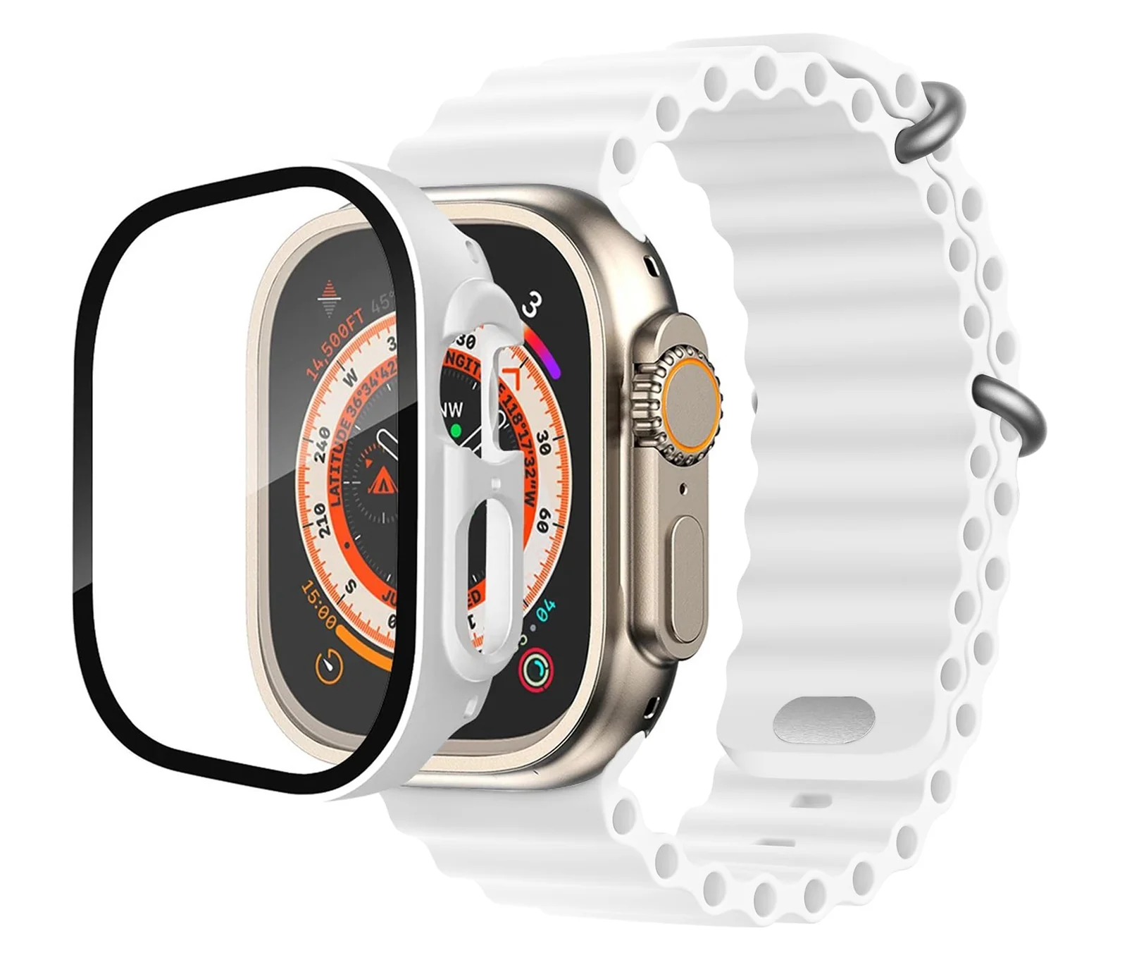 DL3 Mobilak Ocean Band with Case For Apple Watch Ultra 49mm, Adjustable Silicone Sport Loop Ocean Strap Men Women Strap With Protective Cover Screen Shockproof for iWatch Ultra 2 49mm - White