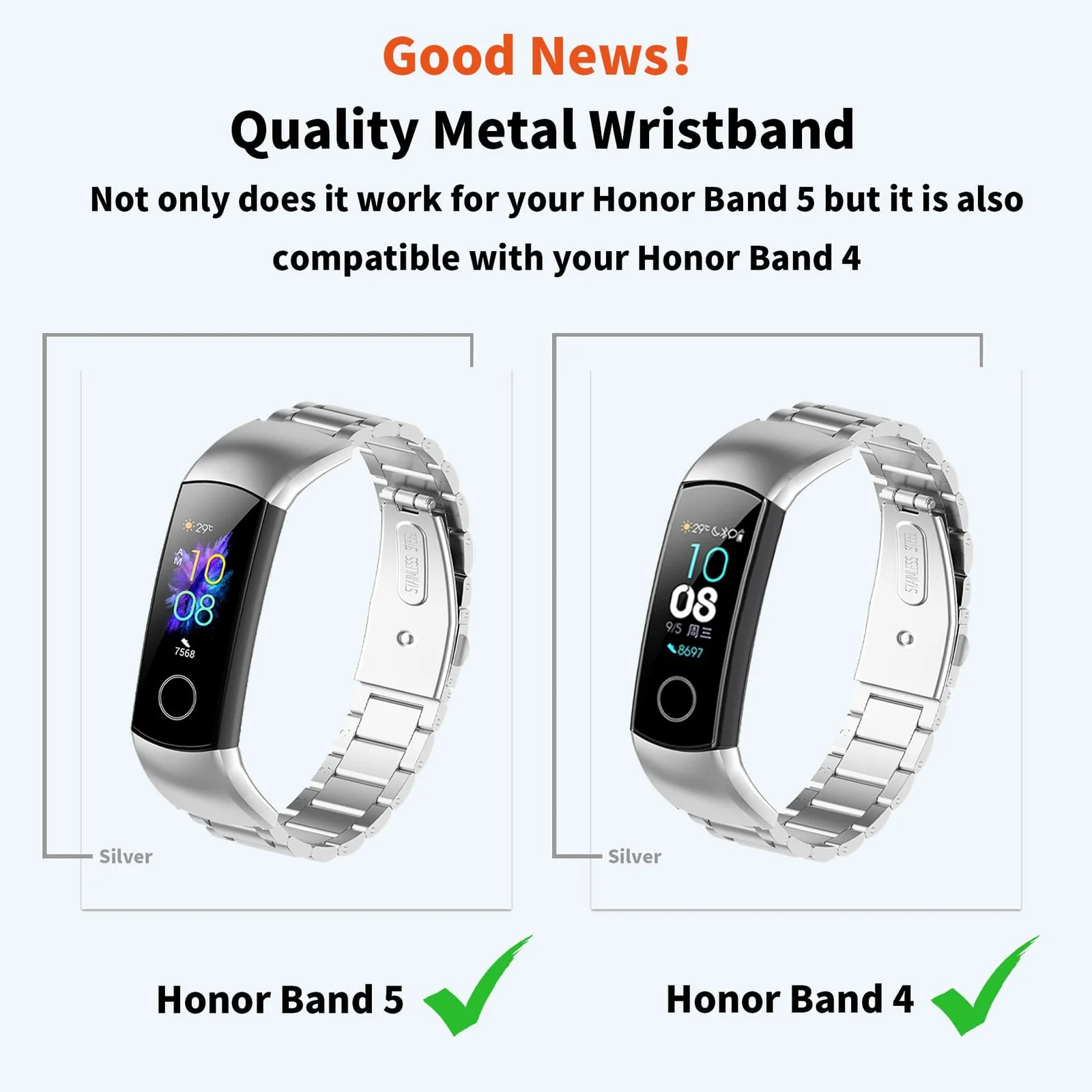 DL3 Mobilak Metal Strap Compatible With HONOR Band 5 and 4 - Adjustable Stainless Steel Buckle Wristband Replacement for Honor Band 5/4 - Black - Silver