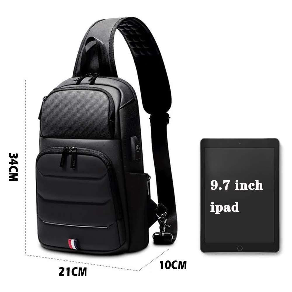 Mobigon Laptop Sling Backpack Anti Theft Bag, Hiking Daypack 12 Inch Fits iPad - Tablet 7 to 9.7 Inch Waterproof Nylon Crossbody Bags for Men, Single Shoulder Camping Dayback with USB Port - Black