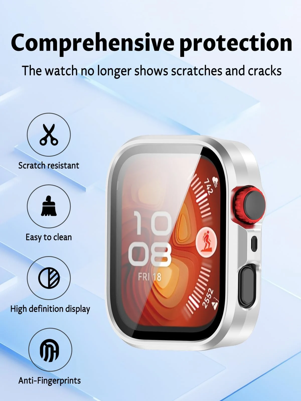 DL3 Mobilak Case Compatible with Huawei Watch Fit 4 Pro, Full Coverage Slim Hard Case Protective Bumper Built-in Tempered Glass Screen Protector Shell for Huawei Watch Fit 4 Pro - Silver