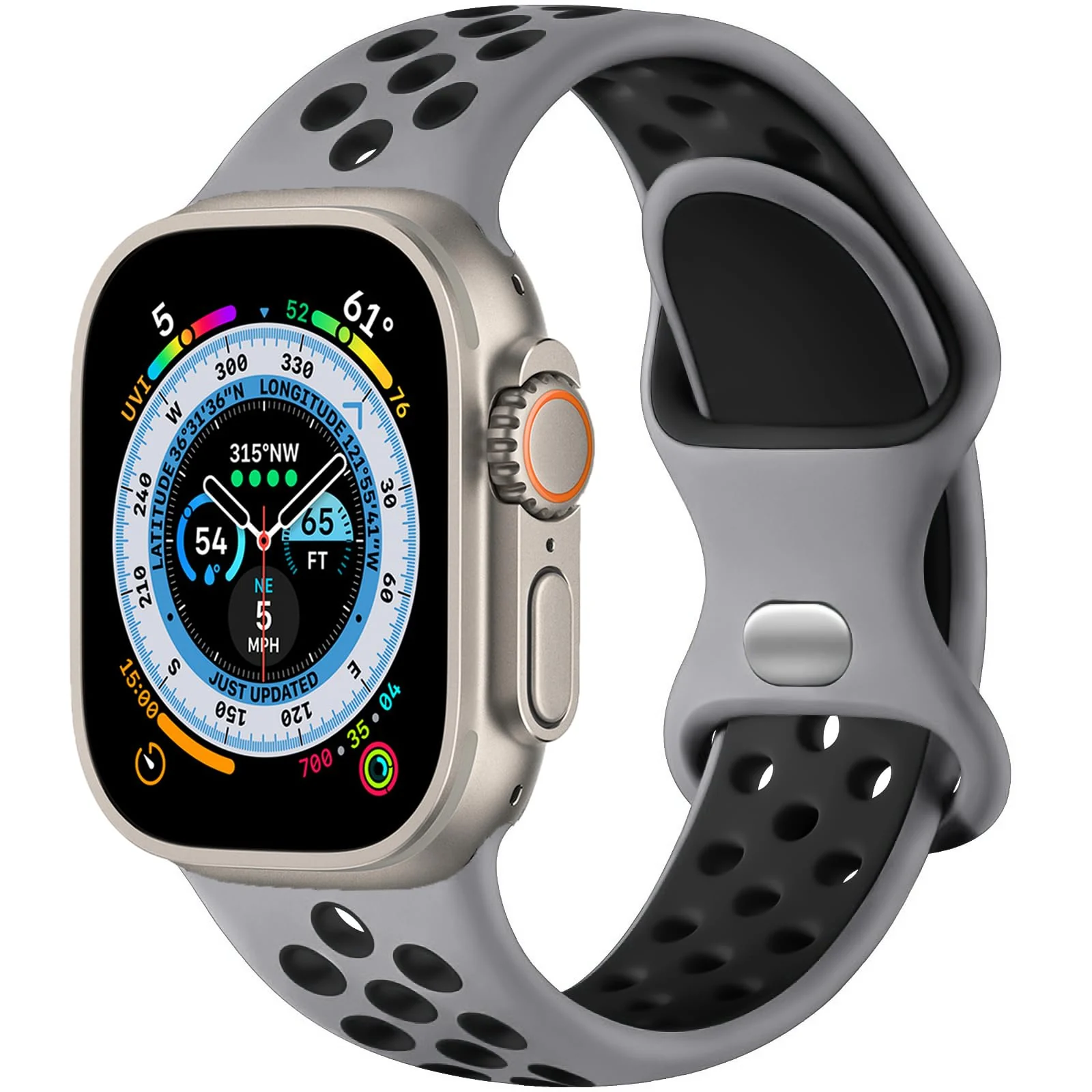42mm/44mm/45mm/49mm — DL3 Mobilak Sport Strap For Apple Watch 49mm 45mm 44mm 42mm 41mm 40mm 38mm, Breathable Silicone Double Hole Band, for iWatch Ultra 2 Series 9 8 7 6 5 4 3 SE (&, 42mm/44mm/45mm/49mm) - Grey & Black