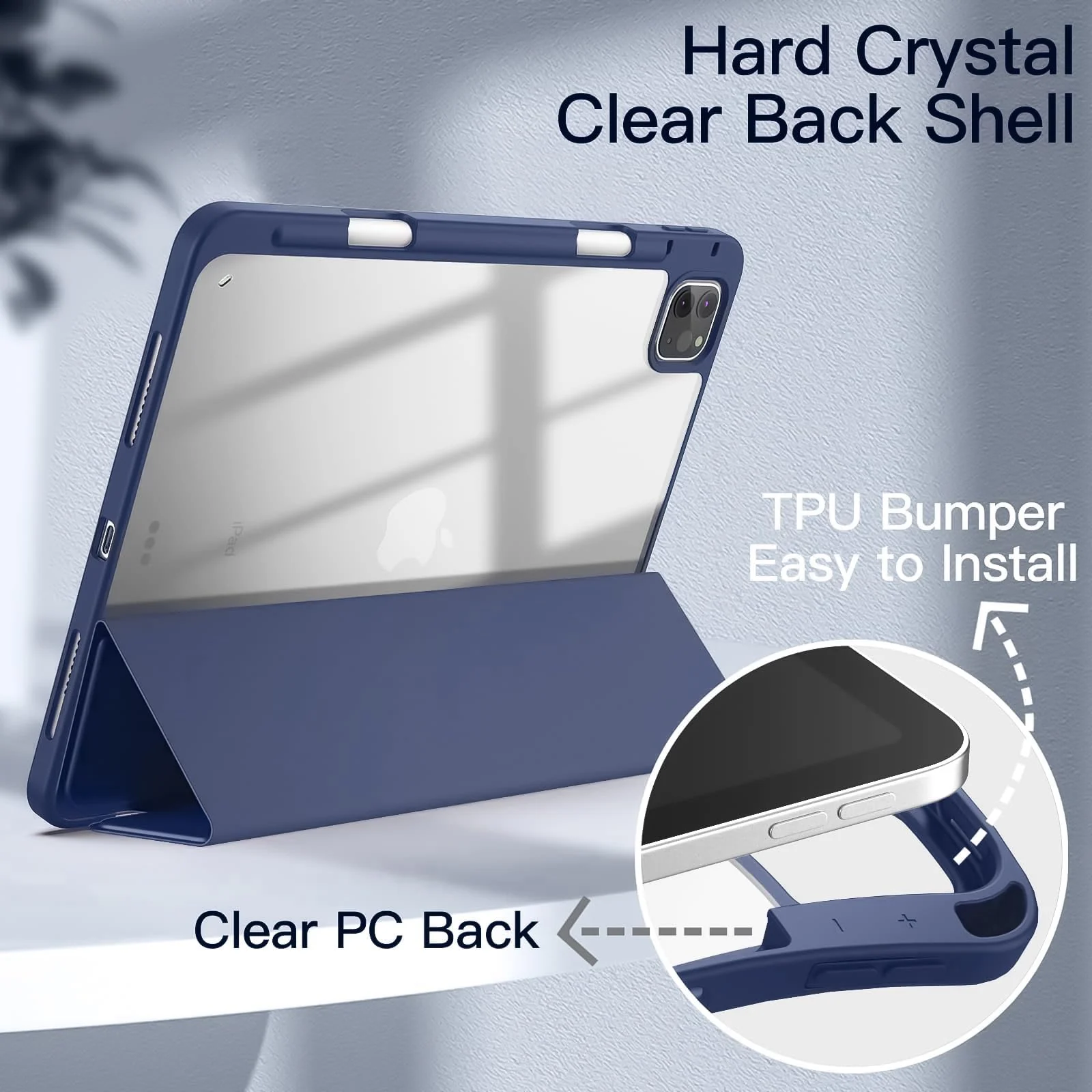DL3 Mobilak for iPad Pro 12.9 Case 6th/5th/4th/3rd Generation 2022/2021/2020/2018, Clear Shockproof Back Cover Built-in Pencil Holder, Auto Sleep/Wake - Navy Blue