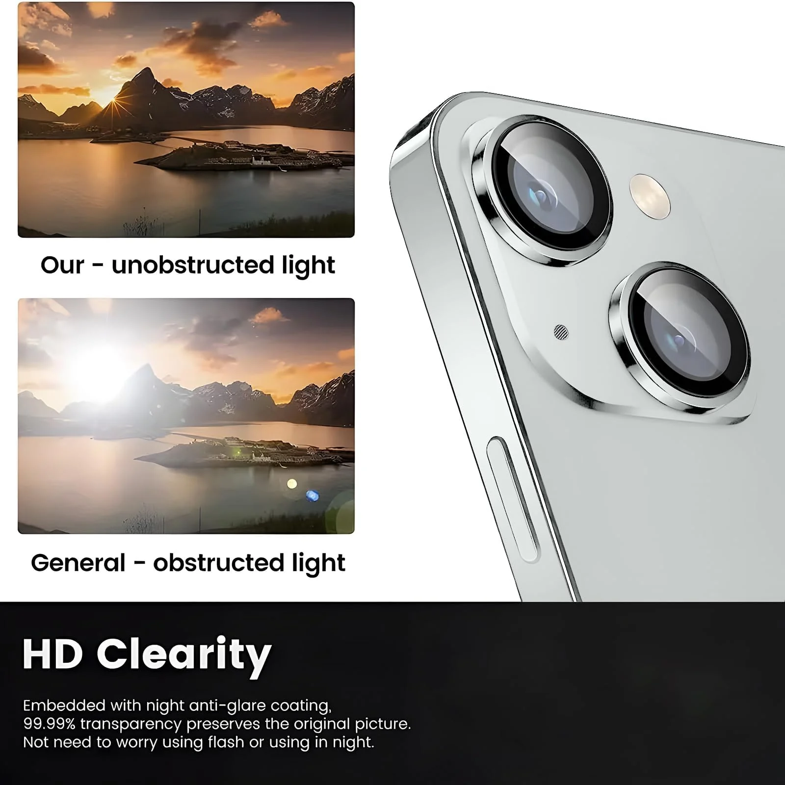 DL3 Mobilak Compatible with iPhone 15/15 Plus & iPhone 14/14 Plus Camera Lens Protector, Anti-Scratch HD Tempered Glass Lens Screen Protection Cover, Metal Individual Lens Ring - Silver