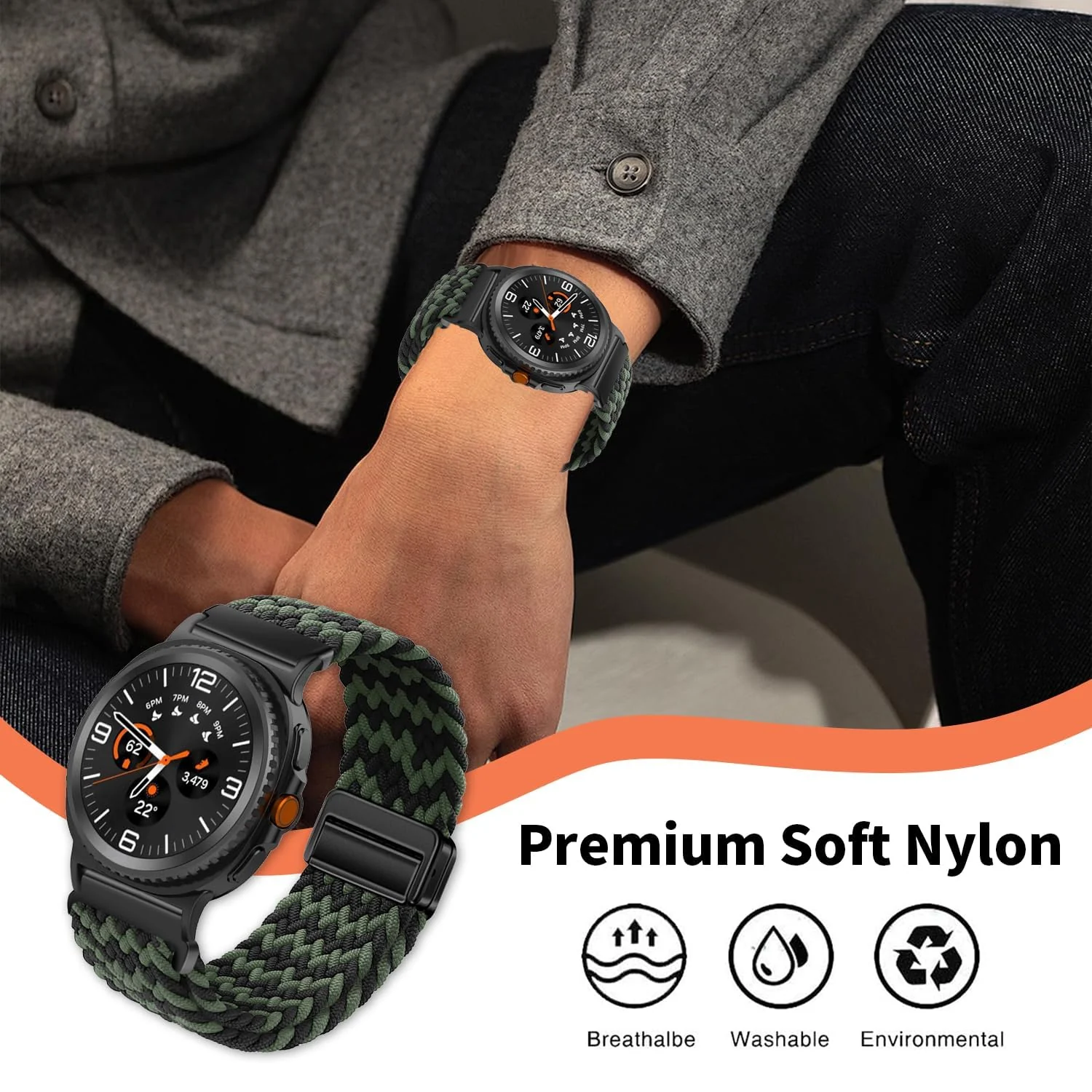 DL3 Mobilak 22mm Magnetic Band for Redmi Watch 5 Active/5 Lite/Samsung Galaxy Watch 3 45mm/Watch 46mm/Gear S3/Huawei watch GT6 GT5 46MM/GT2E/GT6 Pro/GT 5 Pro/Amazfit GTR 4/3, Stretchy Braided Nylon Sport Strap - Green-black
