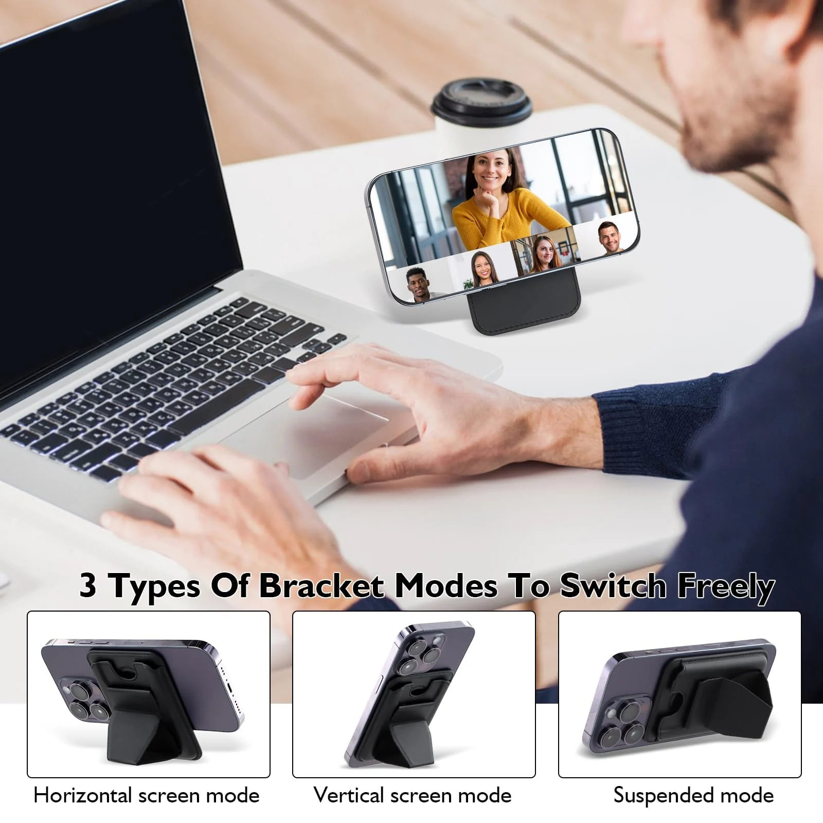 DL3 Mobilak Phone Card Holder for MagSafe Wallet, Vegan Leather Magnetic Mobile Phone Stand, Magnetic Wallet Stand, for iPhone 16 15 14 13 12 Pro Max Plus - Black