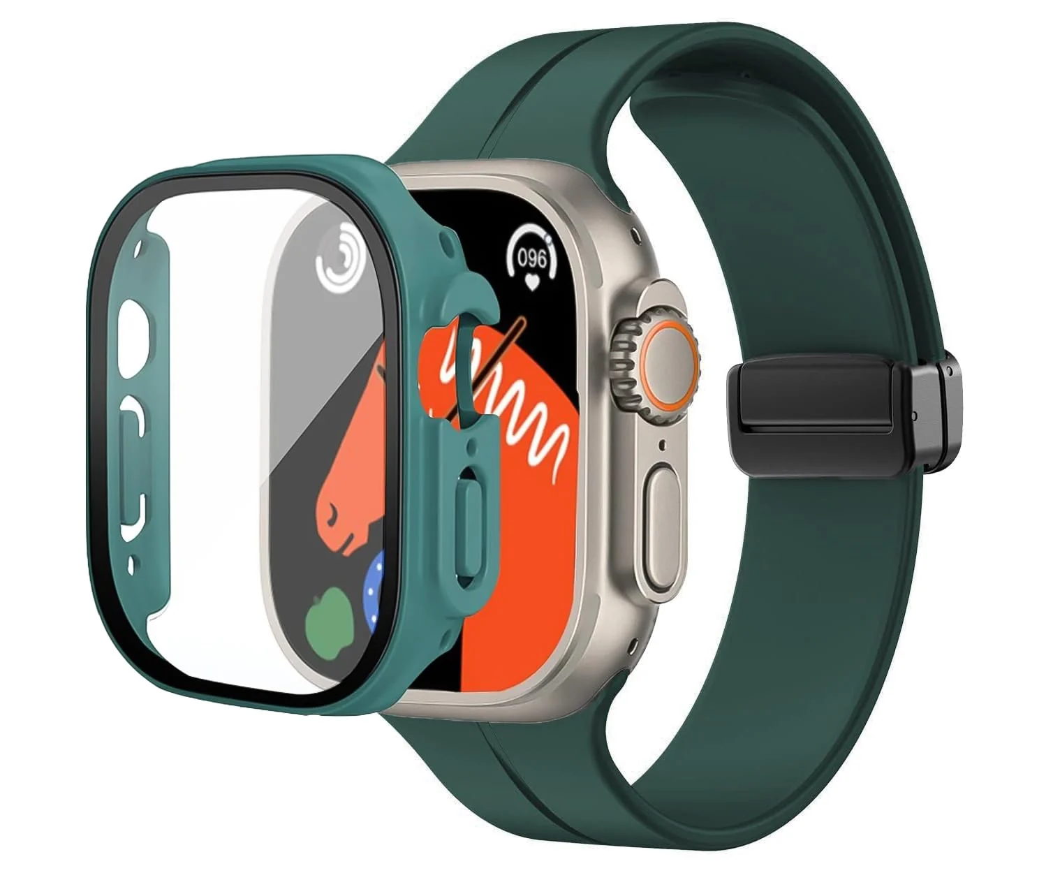 DL3 Mobilak Silicone Magnetic Band with Case For Apple Watch Ultra 49mm, Soft Sport Silicone Replacement Wristband Strap with Protective Bumper Cover for Apple Watch Ultra 2 Ultra 49mm - Green