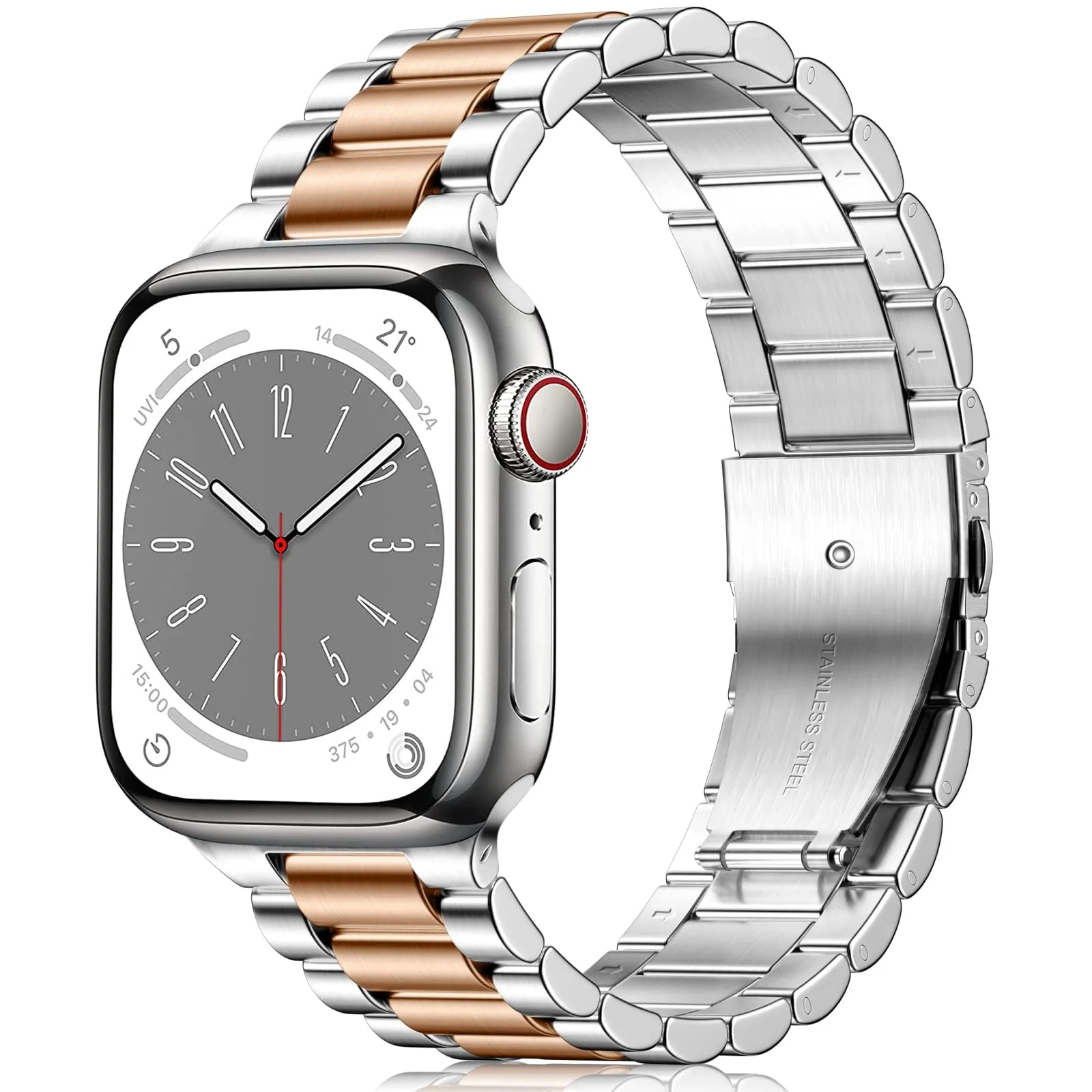 DL3 Mobilak Stainless Steel Band with Case Compatible with Apple Watch Band 45mm Series 9/8/7, Men Woman Business Strap with Protective Bumper Cover for iWatch Series 7/8/9 45mm - Silver Rose Gold