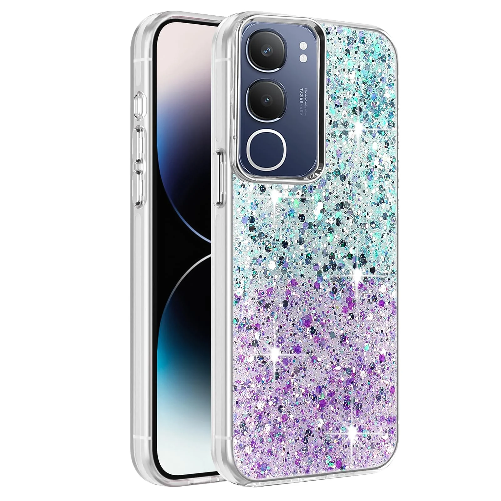 DL3 Mobilak Compatible with Vivo Y19S Case, Clear Glitter Bling Sparkly, Soft TPU Frame Bumper, Hard-Back Cover for Women & Girls, Transparent Protective Phone Case - Green Purple