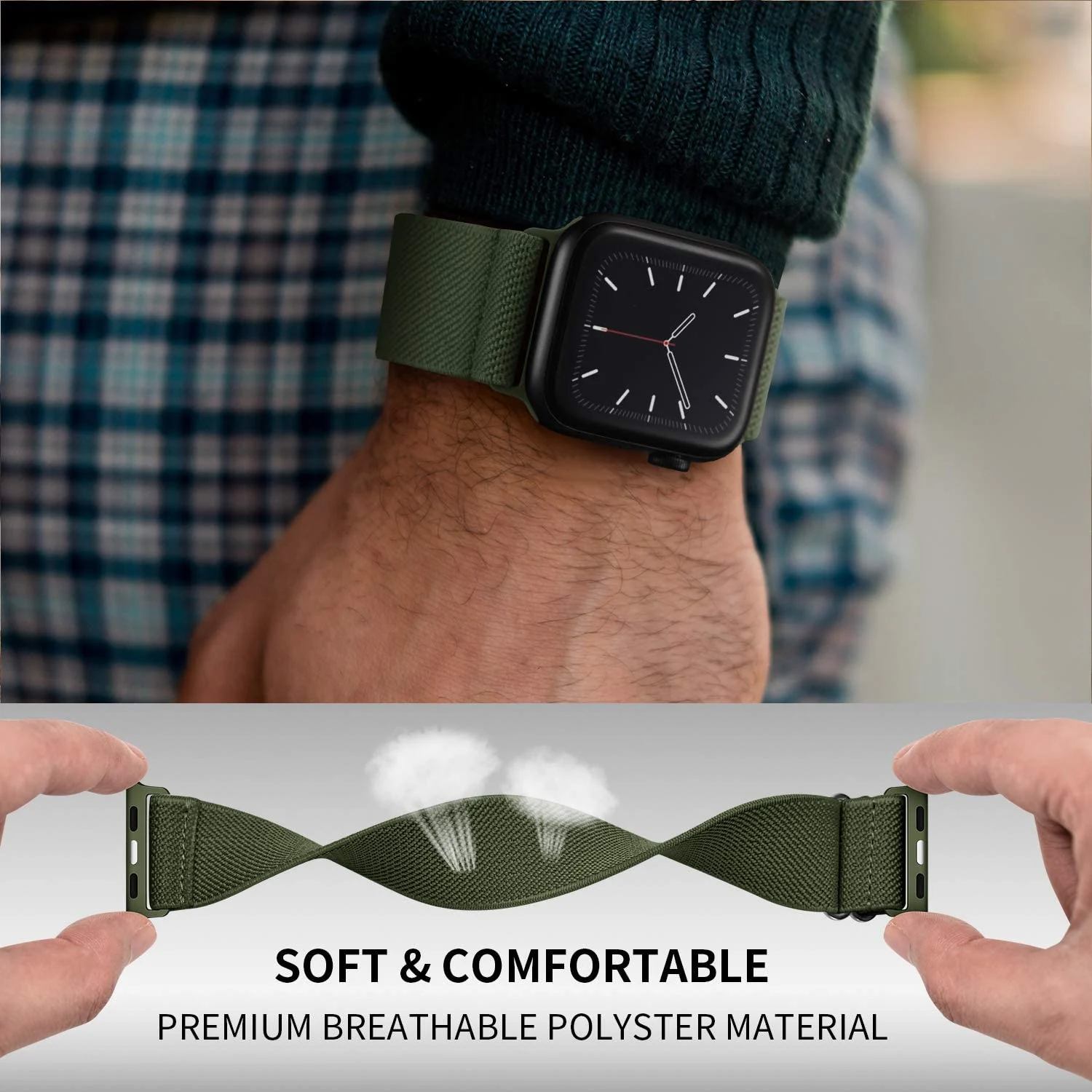 DL3 Mobilak Nylon Solo Loop Stretchy Straps For Apple Watch Band 49mm 45mm 44mm 42mm 41mm 40mm 38mm, Elastic Wristbands for Series 8 Ultra 7 6 5 4 3 2 1 Se (Green, 42MM/44MM/45MM/49MM), unisex-adult - Black