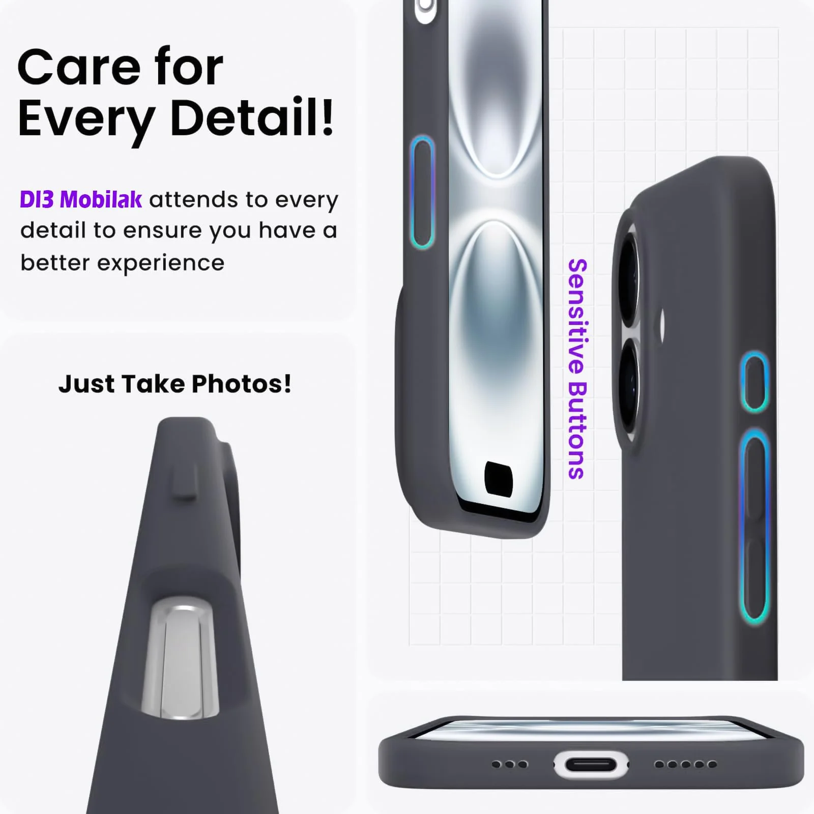 DL3 Mobilak Liquid Silicone Protective Case with Soft Microfiber Lining for iPhone 16 - Dark Gray