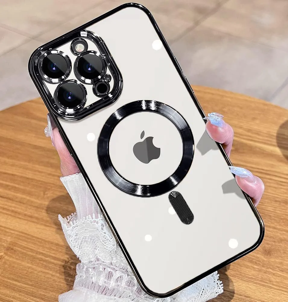 DL3 Mobilak Electroplated Case for iPhone 15 Pro Max 6.7-Inch, Camera Lens Full Protection, Compatible with MagSafe Wireless Charging, Shockproof Soft TPU Phone Cover - Black