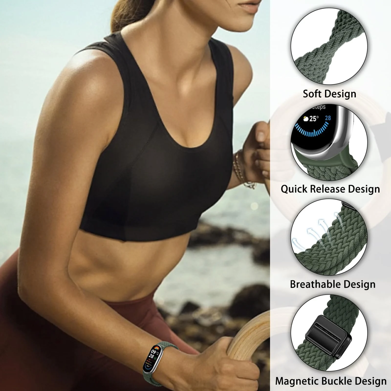 DL3 Mobilak Braided Strap for Xiaomi Mi Band 10/9/8, Men Women Breathable Elastic Nylon with Magnetic Buckle Watch Band for Xiaomi Smart Band 10/Xiaomi Smart Band 9/8 - Green