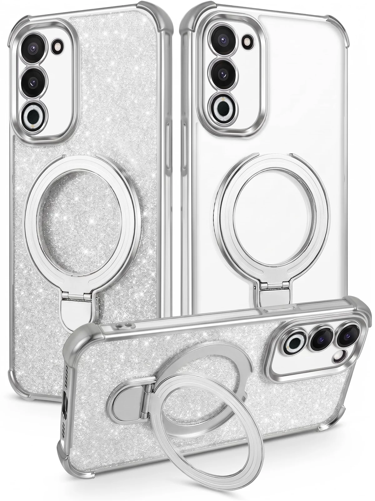Mobigon Glitter Phone Case for OPPO A5 4G, Magnetic Ring Stand Shockproof Cover, Clear Soft TPU Bumper with Full Camera Protection