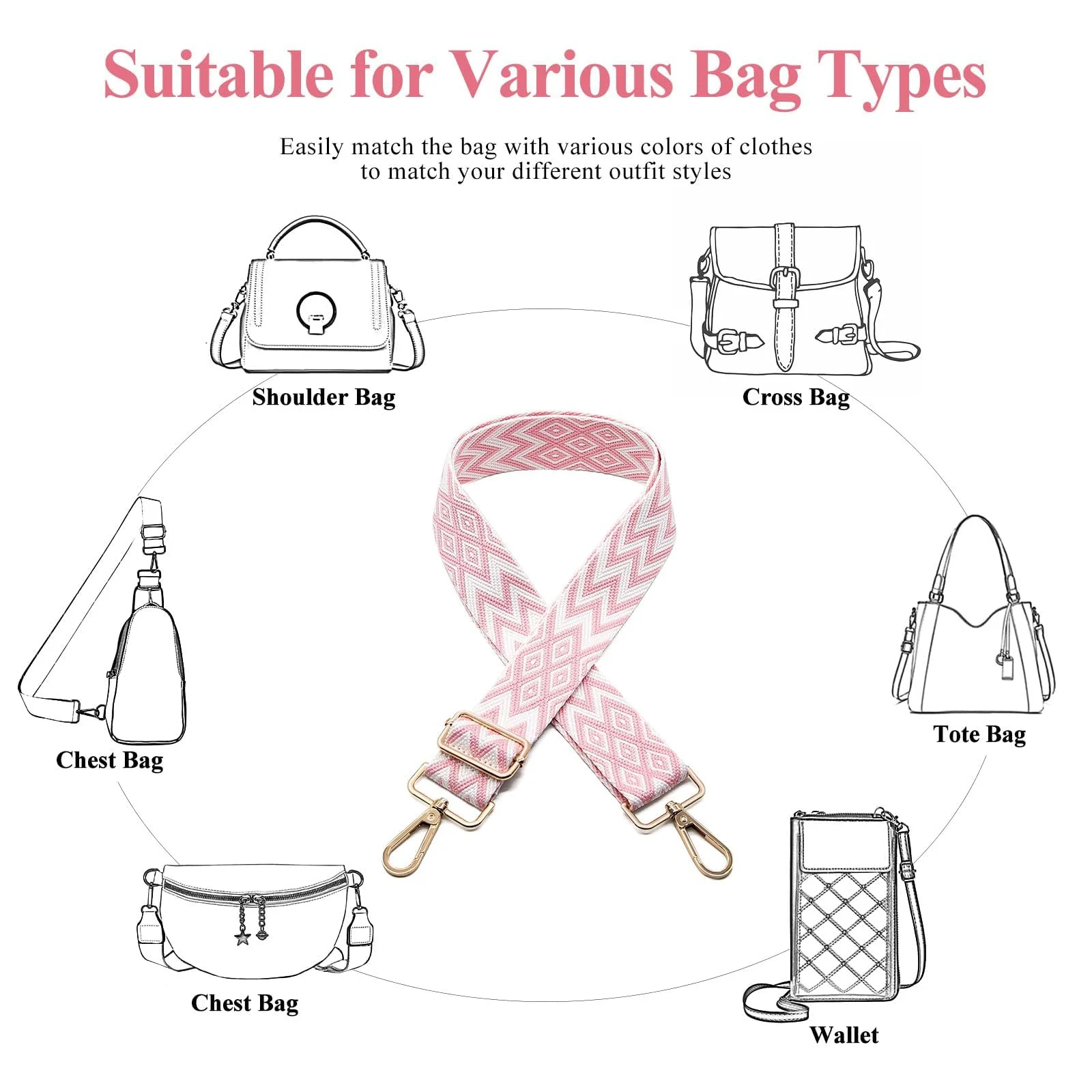 DL3 Mobilak Adjustable Wide Crossbody Bag Strap for Women, Replacement Shoulder Strap for Handbags, Totes & Purses with Elegant Embroidered Pattern and Metal Hooks - White-Pink