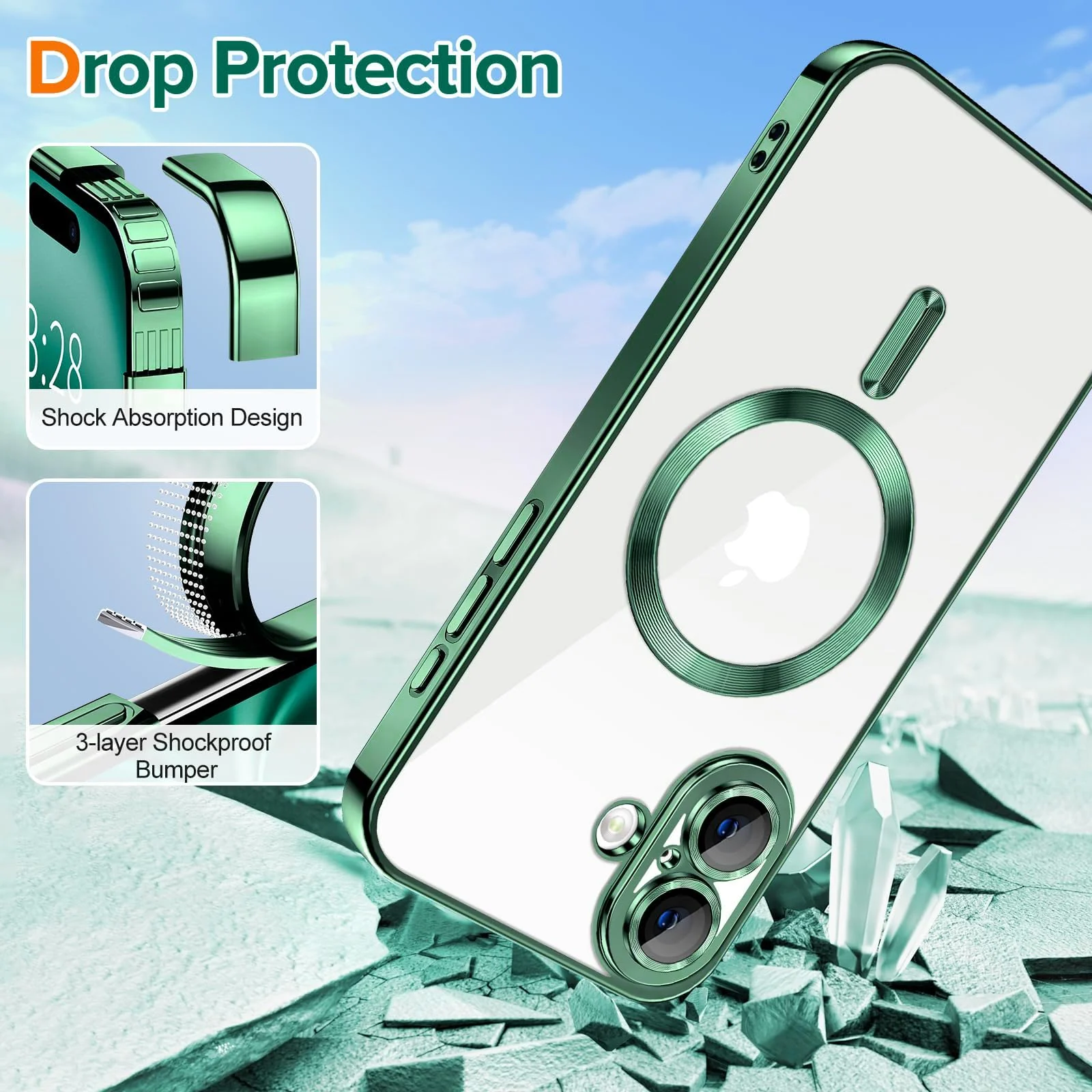 DL3 Mobilak Soft Clear Case for iPhone 16 6.1, Camera Lens Full Protection, Compatible with MagSafe Wireless Charging, Shockproof Electroplated TPU Phone Cover - Green