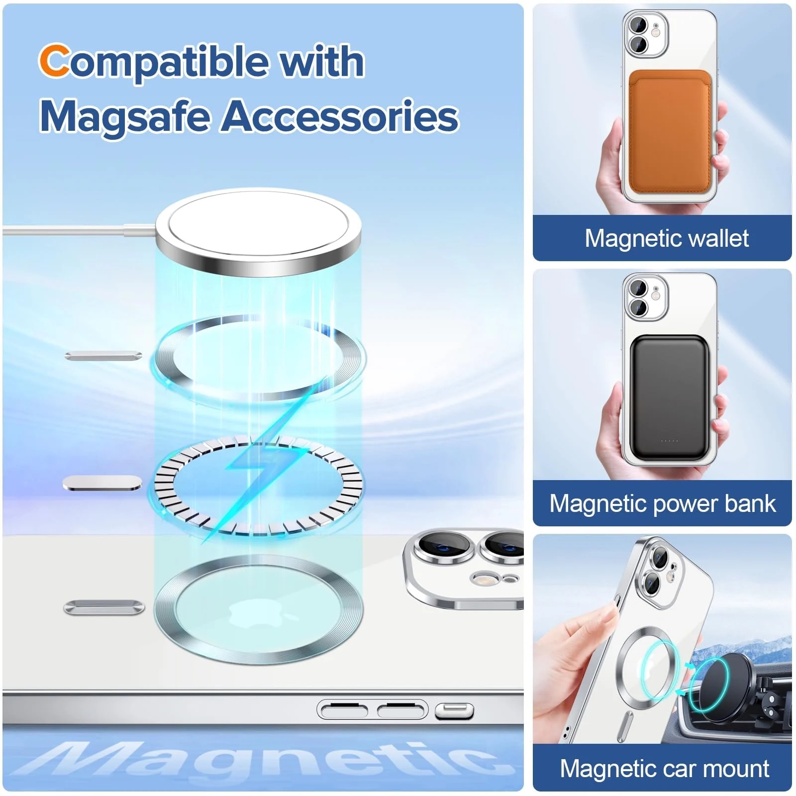 DL3 Mobilak Plated-Edge Protective Case for iPhone 12, Compatible with MagSafe accessories, Built-in magnetic car-mount support, Camera protection - Silver