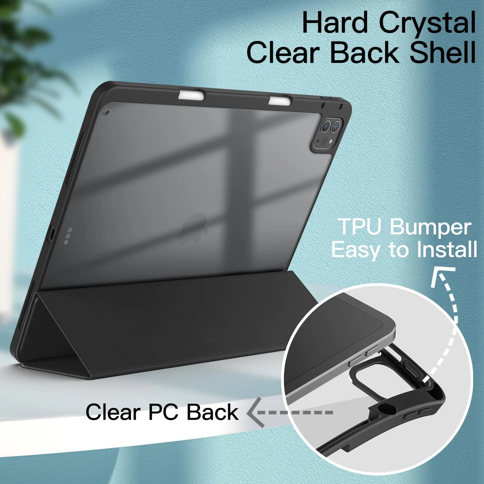 DL3 Mobilak for iPad Pro 12.9 Case 6th/5th/4th/3rd Generation 2022/2021/2020/2018, Clear Shockproof Back Cover Built-in Pencil Holder, Auto Sleep/Wake - Black