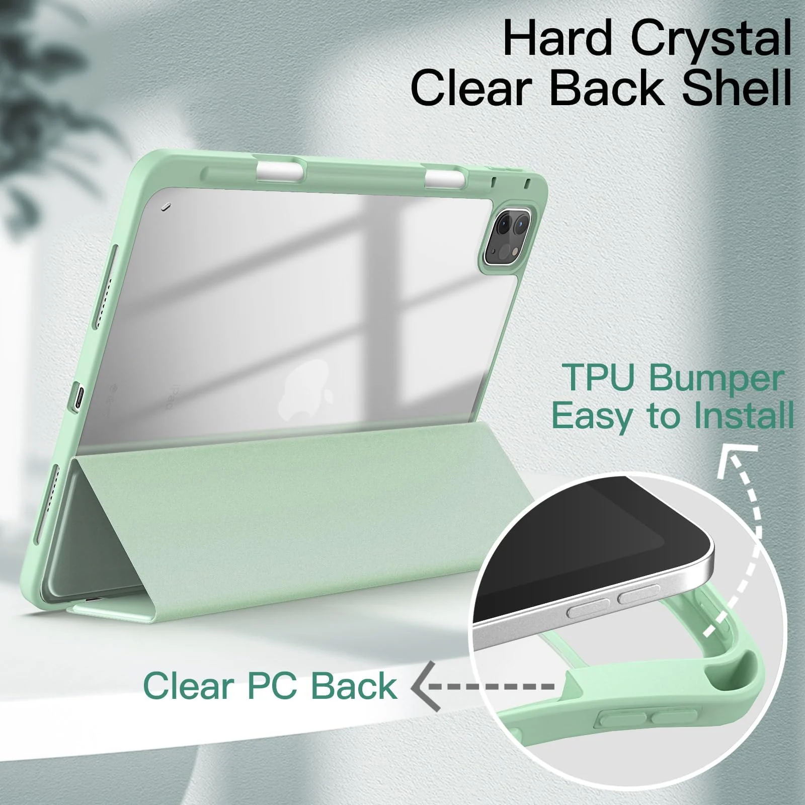 DL3 Mobilak for iPad Pro 11 Inch Case 4th /3rd /2nd Generation(2022/2021/ 2020), Clear Shockproof Back Cover Built-in Pencil Holder, Auto Sleep/Wake - Mint Green
