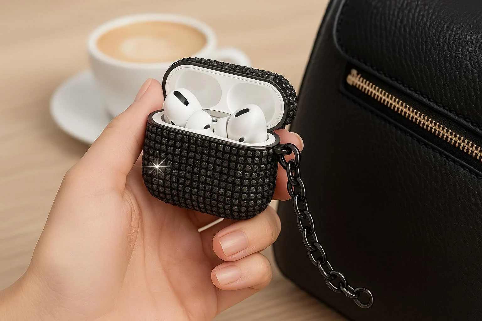 DL3 Mobilak Luxury Rhinestone Case Compatible with AirPods 3, Sparkling Glitter Protective Cover with Metal Hand Chain, Shockproof Ideal Gift for Women & Girls Compatible with AirPods 3rd - Black