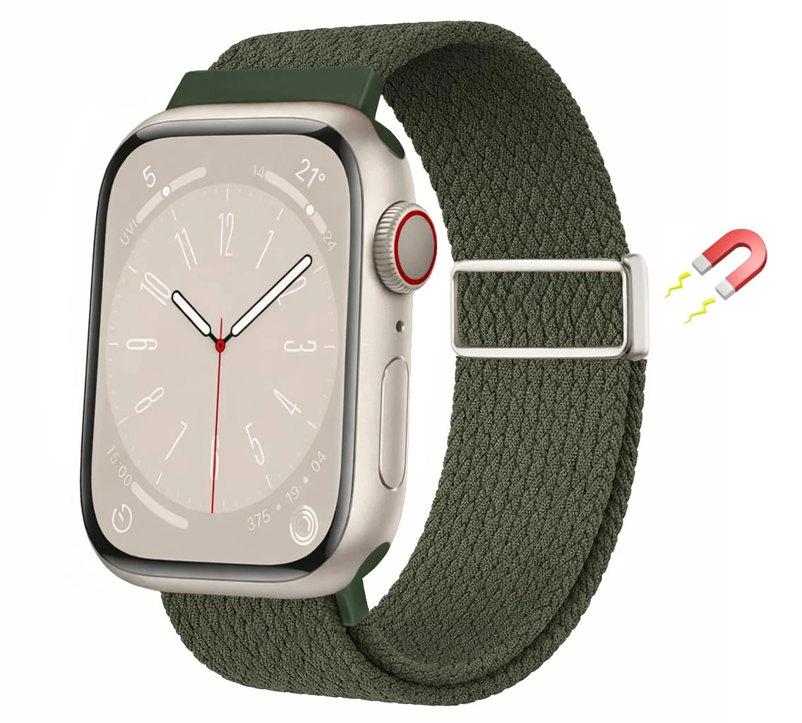 DL3 Mobilak Sport Solo Loop Compatible with Apple Watch Band 42mm 44mm 45mm 46mm 49mm for Women Men, Magnetic Strap Stretchy Braided Wristband for iWatch Series 11 10 9 8 7 6 5 4 3 Ultra 3 2 1 SE SE2 - A-Green