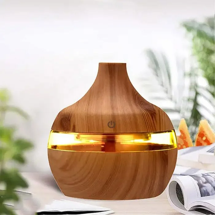 Mobigon Wood Cool Mist Ultrasonic Humidifier for Room Moisture, Aroma Diffuser for Home, 300ml Essential Oil Diffuser with 7 Colorful Night Light, Auto Shut-Off, Home, Office, car - D.Light Brown