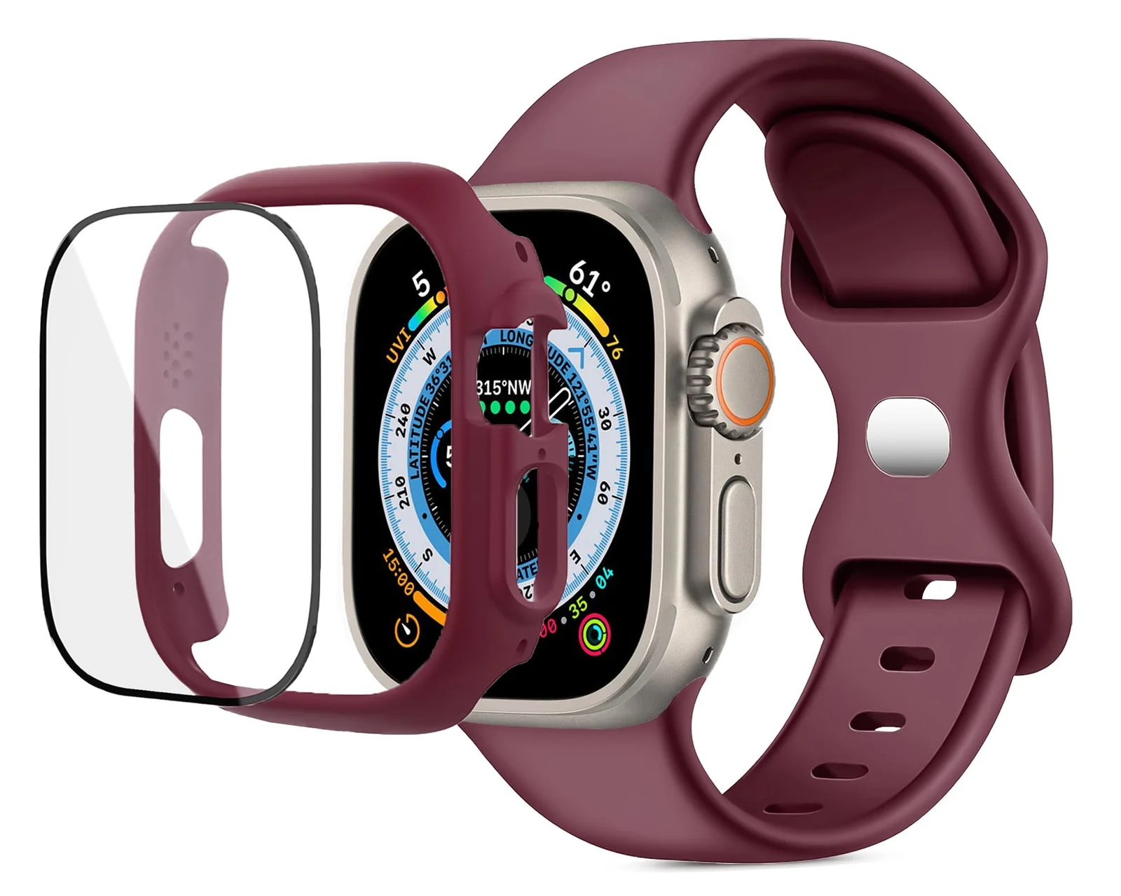 DL3 Mobilak Band with Case For Apple Watch Ultra/Ultra 2 49mm, Adjustable Silicone Sport Wristband Replacement, Strap With Cover Built-in Glass Screen Protector for iWatch Ultra 49 mm - Wine Red