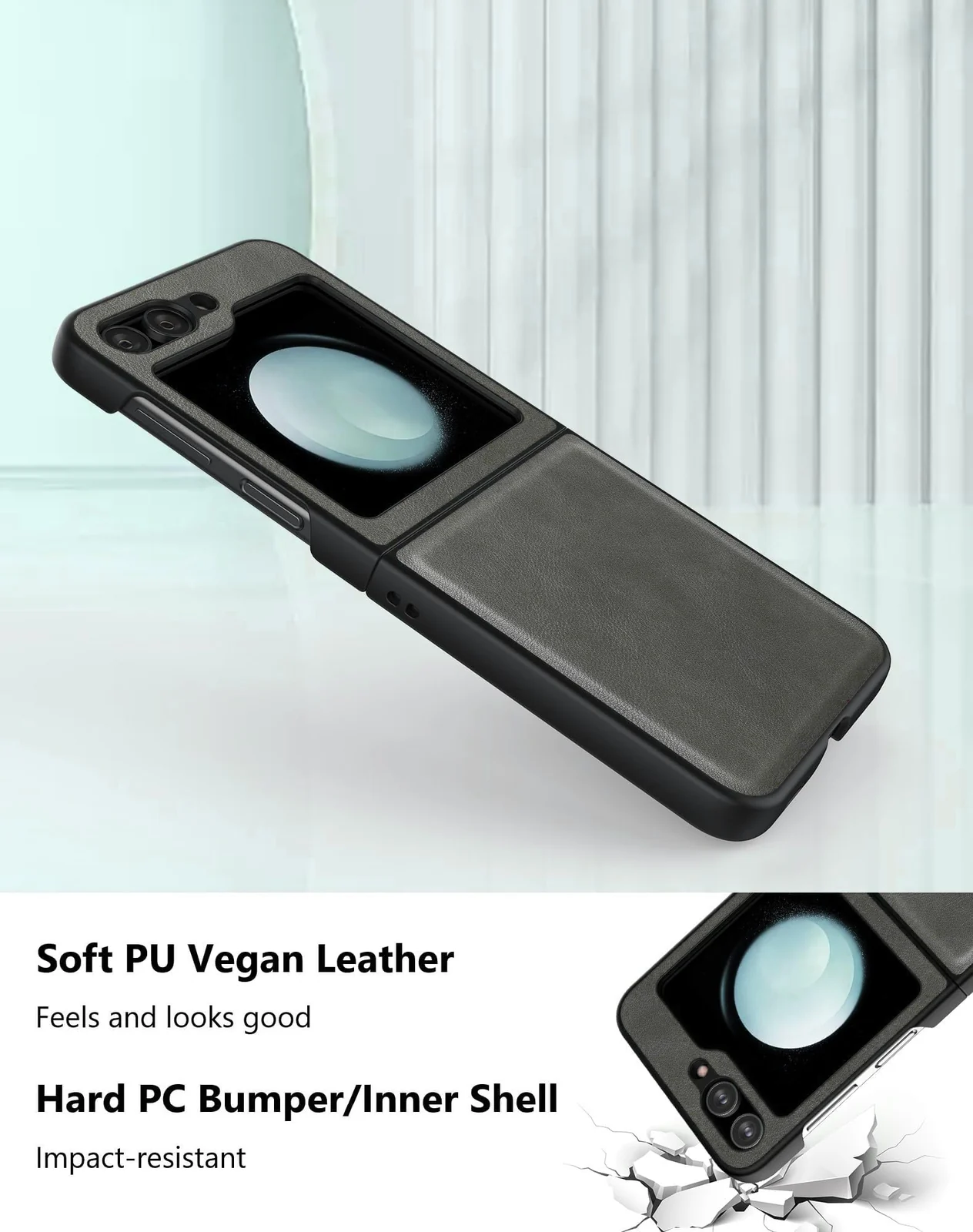 DL3 Mobilak Leather Protective Case for Samsung Galaxy Z Flip 5, Shock-absorbing protection, Raised edges around the screen and camera, Slim, lightweight profile - Gray