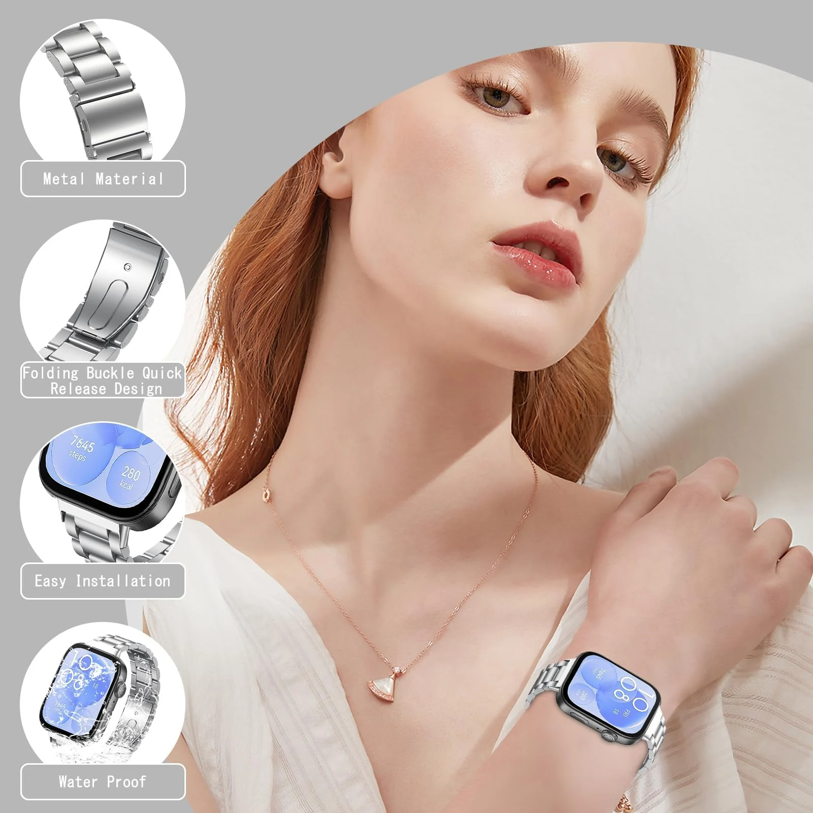 DL3 Mobilak Metal Straps Compatible with Huawei Watch Fit 3/Fit 4/Fit 4 Pro Strap, Stainless Steel Replacement Band with Folding Clasp, Adjustable Replacement Bracelet Wristband - Silver