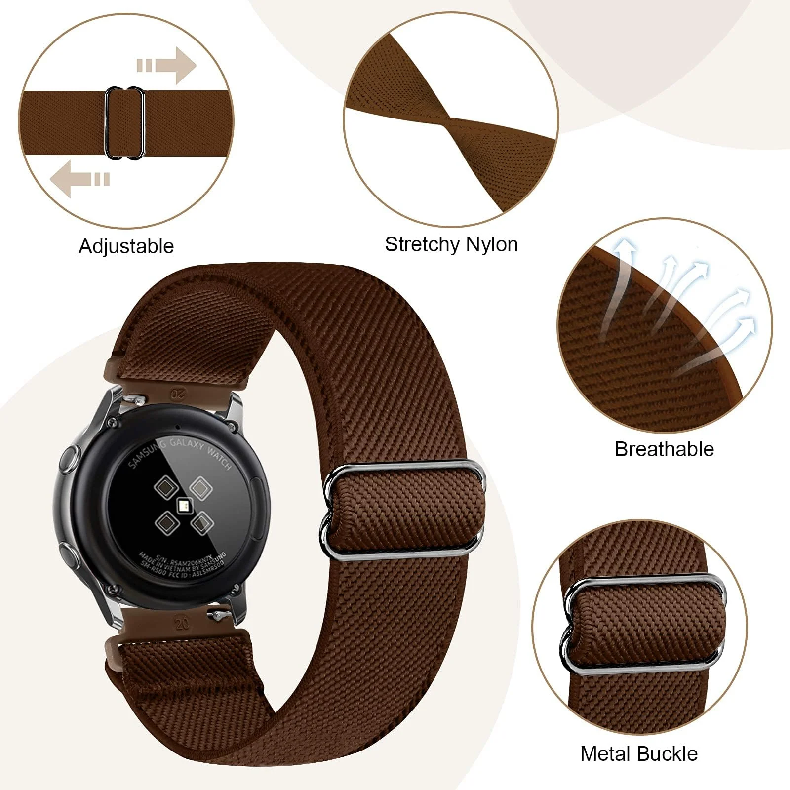 DL3 Mobilak Strap Nylon Loop 22MM Band For Xiaomi Redmi Watch 5 Active/5 Lite/Samsung Galaxy Watch 3 45mm/Watch 46mm/Gear S3/For Huawei watch GT5 GT4 GT3 GT2 GT 46MM/GT2E/GT2 Pro/GT 3 Pro/GT5 Pro - Brown