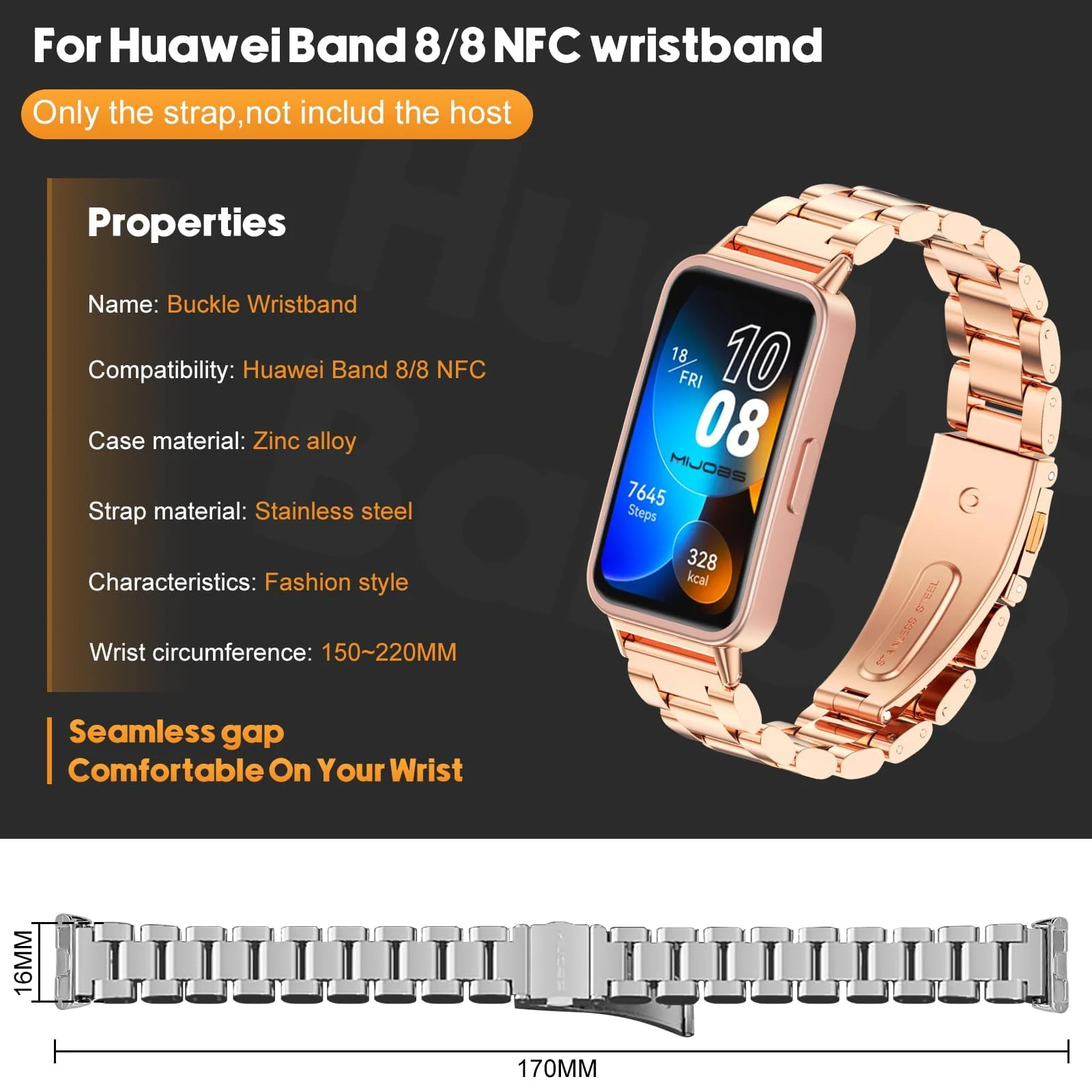 DL3 Mobilak Metal Strap Compatible with HUAWEI Band 10 / HUAWEI Band 9 / HUAWEI Band 8, Stainless Steel Replacement Band with Folding Clasp, Adjustable Replacement Bracelet Wristband - Black