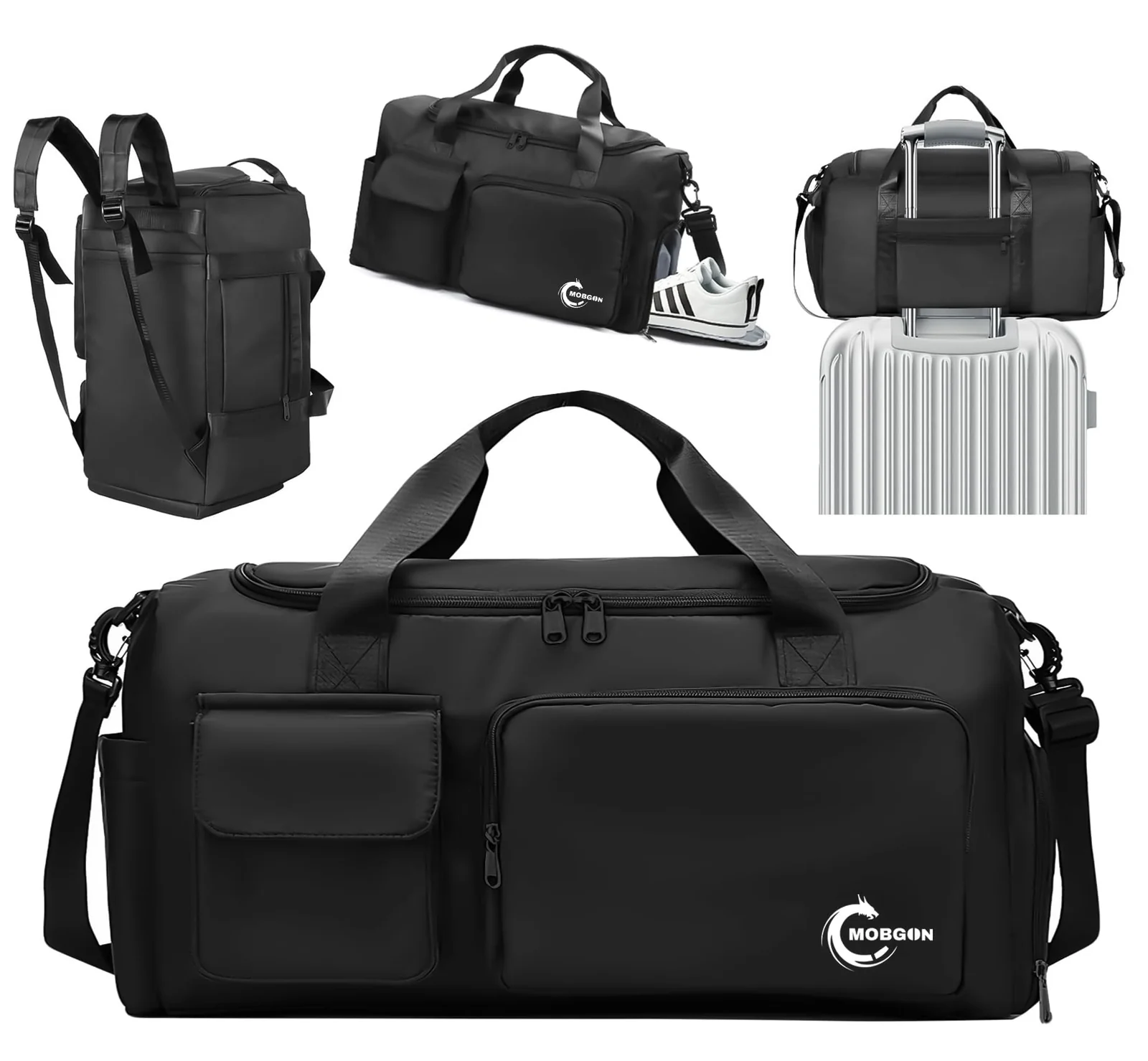 Mobigon Luxury Waterproof Leather Weekender Duffel with Dedicated Shoe & Wet Compartments, Large Capacity Travel and Gym Bag for Men & Women, Adjustable Shoulder Carry Design - Black