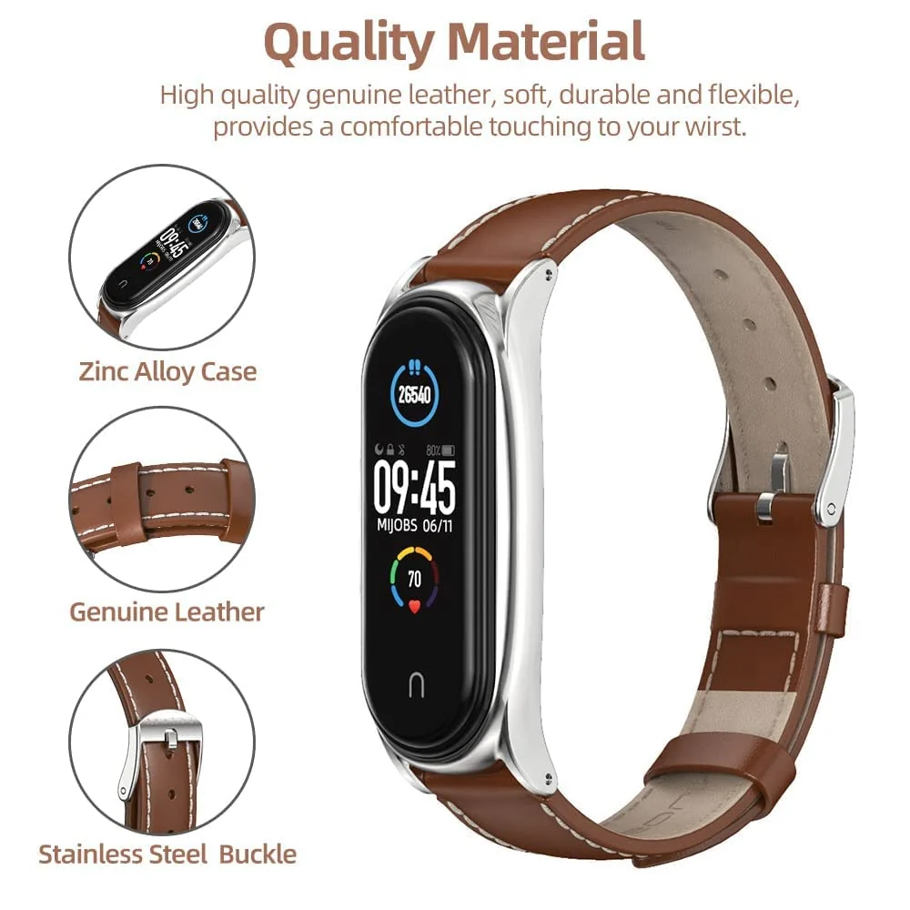 DL3 MOBILAK Strap for Mi Band 6, Mi band 5, Mi Band 4, Mi Band 3 Genuine Leather Replacement Strap Watch Wrist Band Smart Bracelet Accessories for Xiaomi Mi 6 5 4 3 Fit Band - Brown